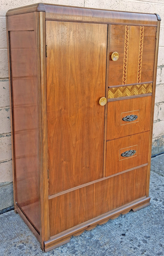 Antique Vintage Old Reclaimed Salvaged Art Deco Solid Wood Wooden Burled Walnut Waterfall Dresser Cabinet Closet Armoire Wardrobe Chifforobe (Copy)