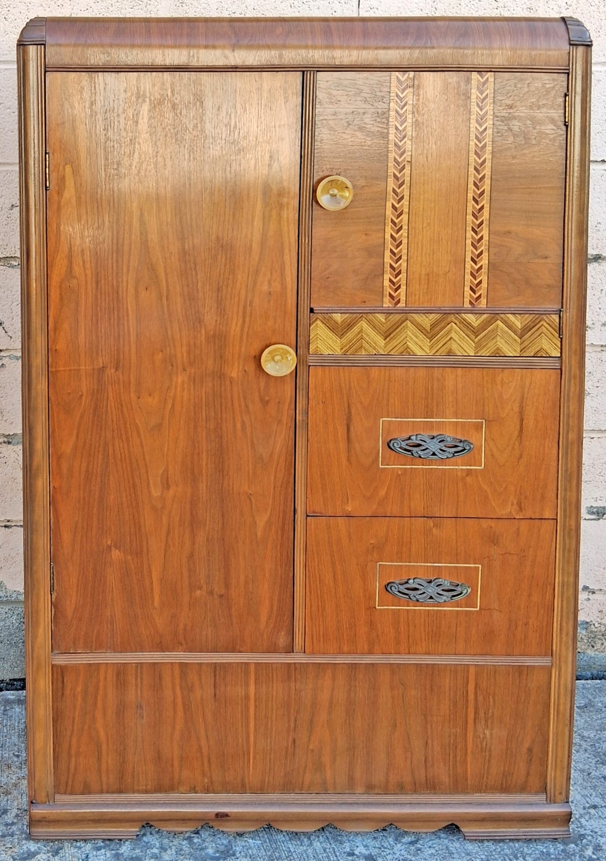 Antique Vintage Old Reclaimed Salvaged Art Deco Solid Wood Wooden Burled Walnut Waterfall Dresser Cabinet Closet Armoire Wardrobe Chifforobe