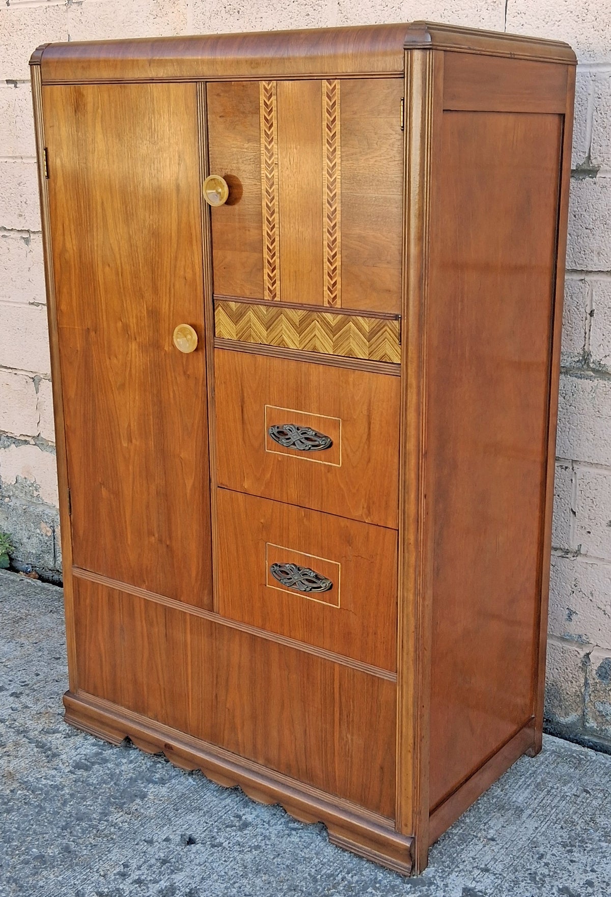 Antique Vintage Old Reclaimed Salvaged Art Deco Solid Wood Wooden Burled Walnut Waterfall Dresser Cabinet Closet Armoire Wardrobe Chifforobe