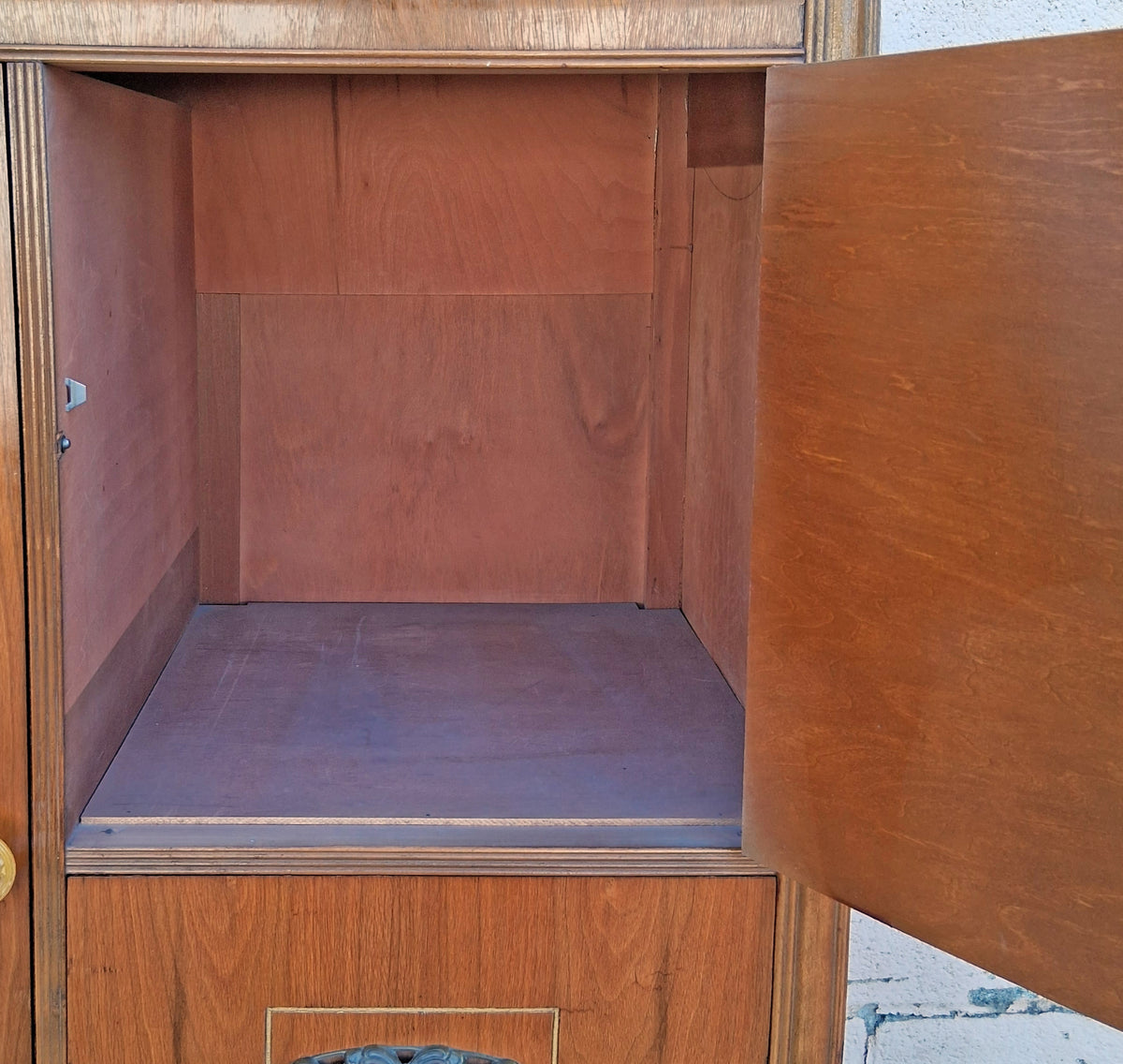 Antique Vintage Old Reclaimed Salvaged Art Deco Solid Wood Wooden Burled Walnut Waterfall Dresser Cabinet Closet Armoire Wardrobe Chifforobe