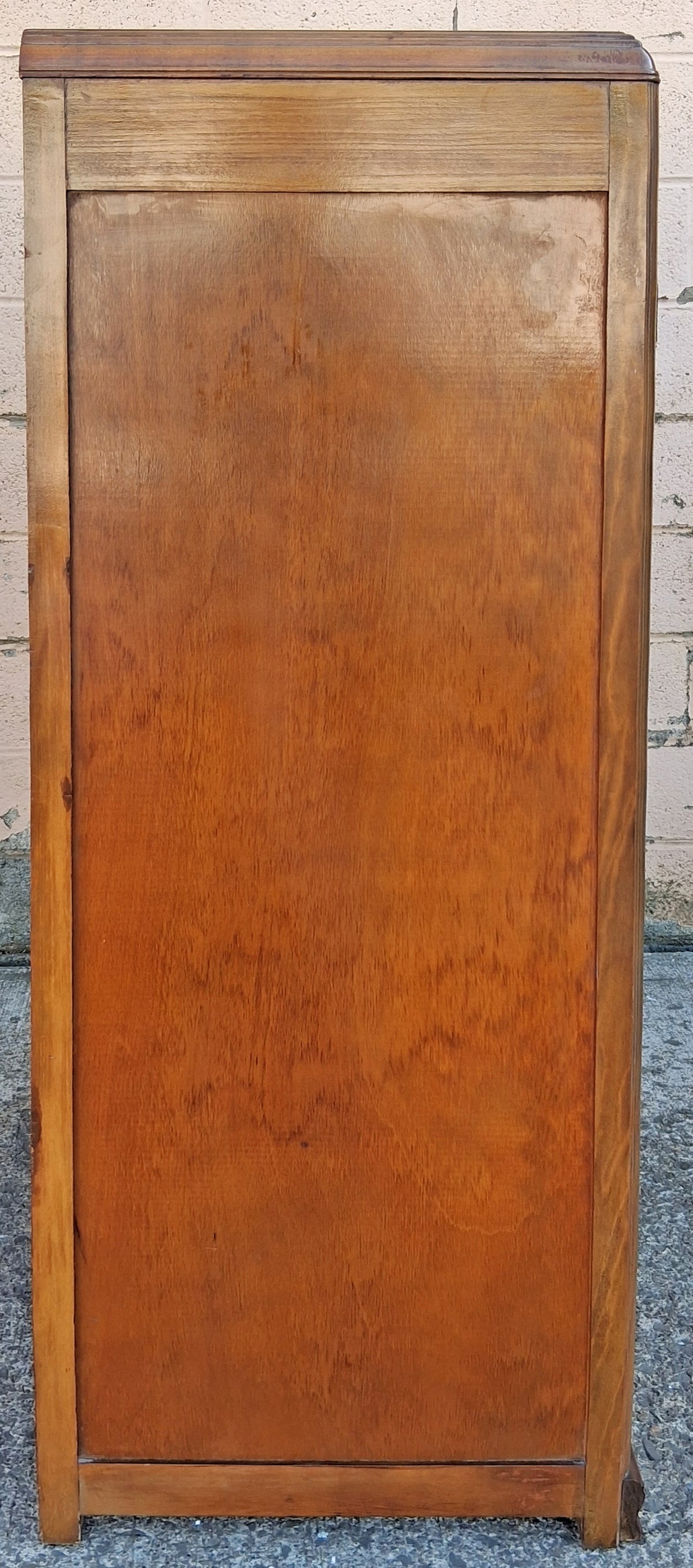 Antique Vintage Old Reclaimed Salvaged Art Deco Solid Wood Wooden Burled Walnut Waterfall Dresser Cabinet Closet Armoire Wardrobe Chifforobe
