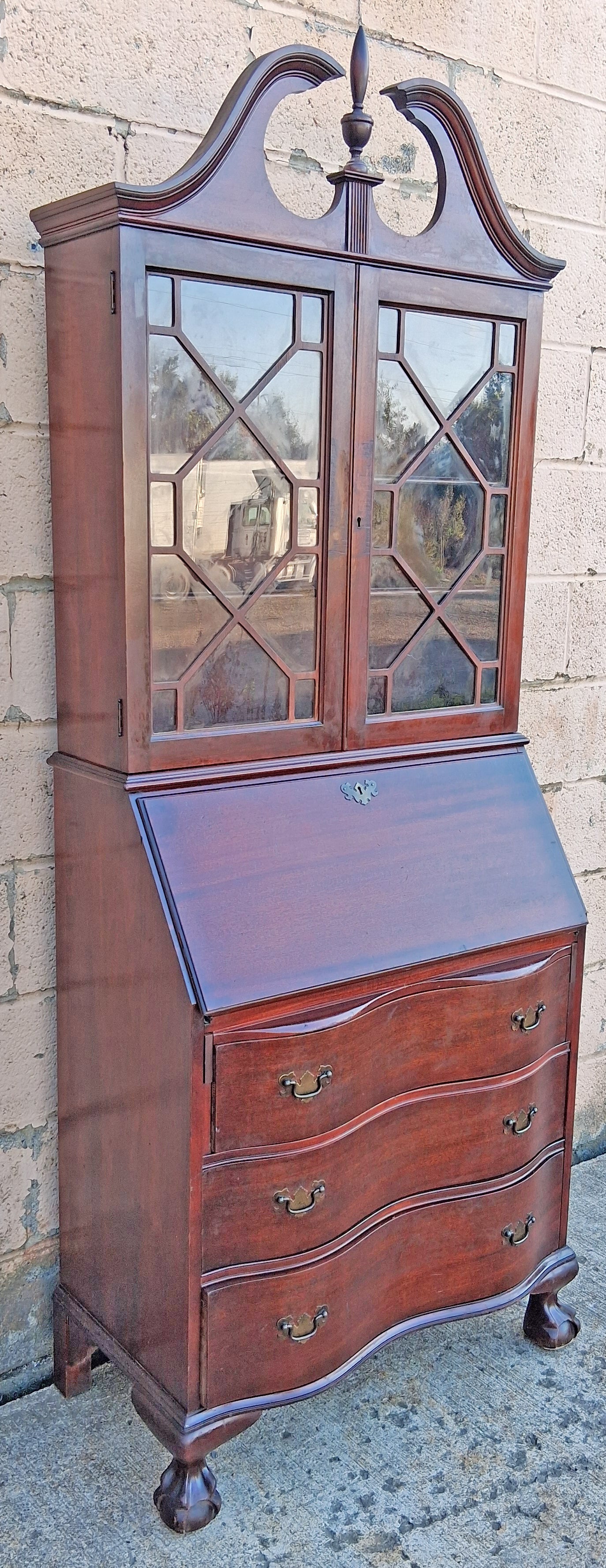 Antique Vintage Old Chippendale Mahogany Drop Slant Front Glass Secretary Desk Bookcase Cabinet Display Writing Desk Hutch Ball Claw Foot