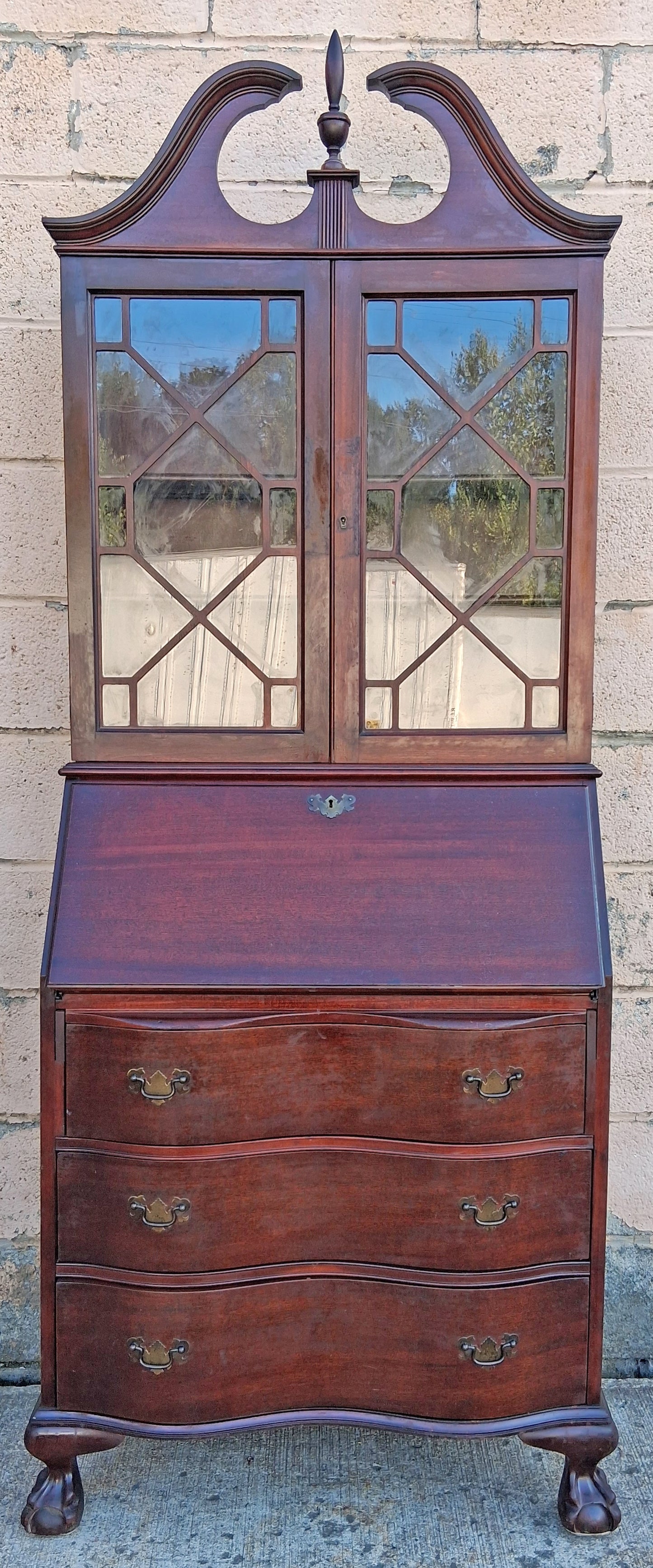 Antique Vintage Old Chippendale Mahogany Drop Slant Front Glass Secretary Desk Bookcase Cabinet Display Writing Desk Hutch Ball Claw Foot