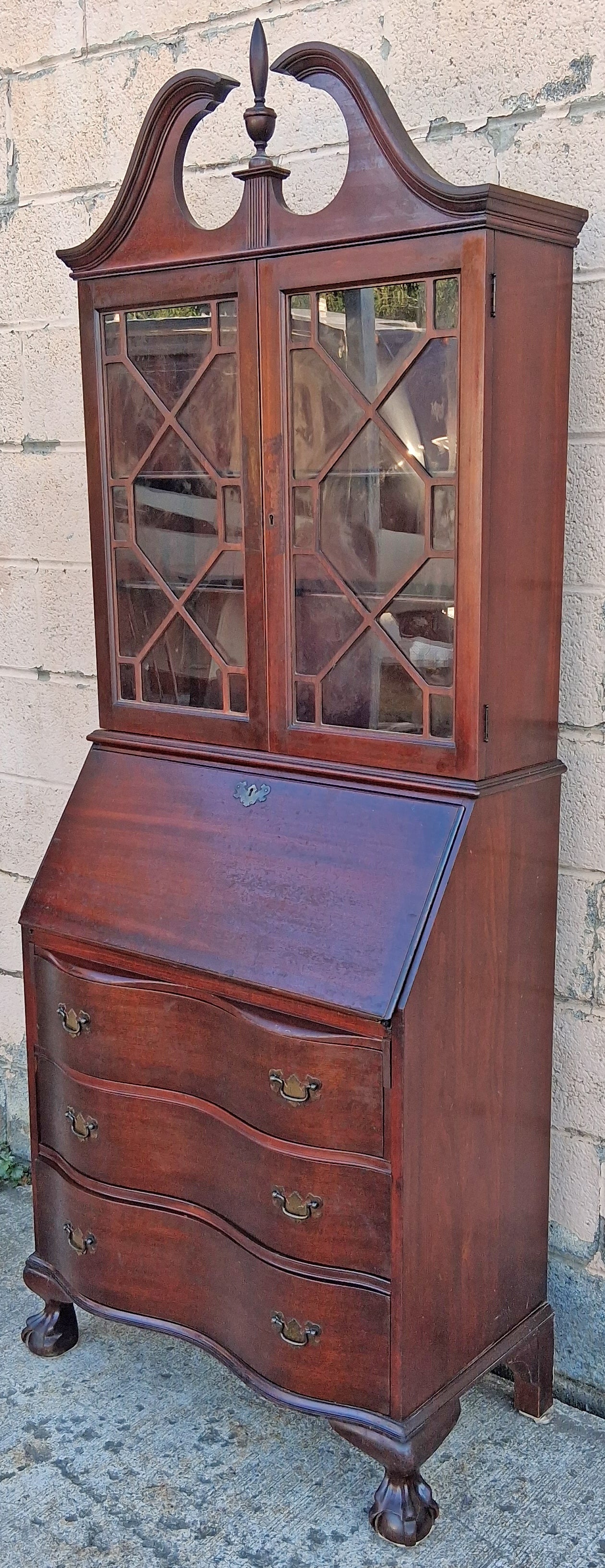 Antique Vintage Old Chippendale Mahogany Drop Slant Front Glass Secretary Desk Bookcase Cabinet Display Writing Desk Hutch Ball Claw Foot