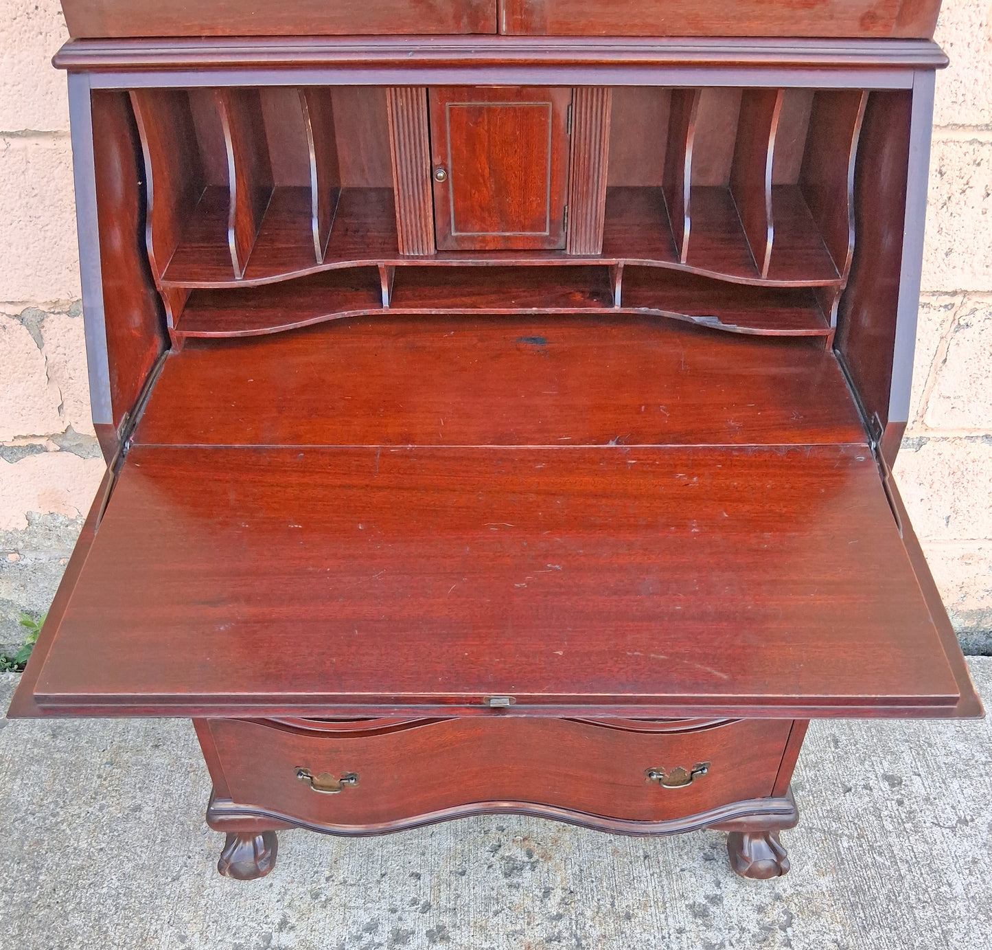 Antique Vintage Old Chippendale Mahogany Drop Slant Front Glass Secretary Desk Bookcase Cabinet Display Writing Desk Hutch Ball Claw Foot