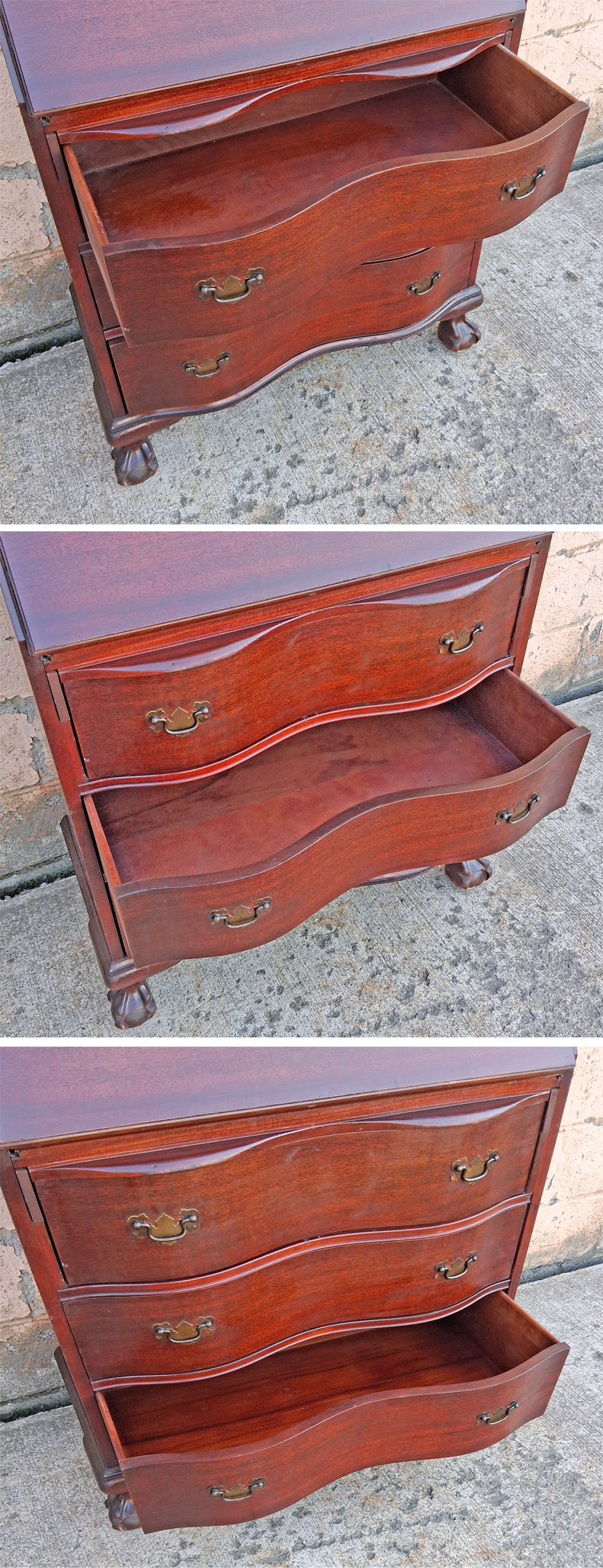 Antique Vintage Old Chippendale Mahogany Drop Slant Front Glass Secretary Desk Bookcase Cabinet Display Writing Desk Hutch Ball Claw Foot