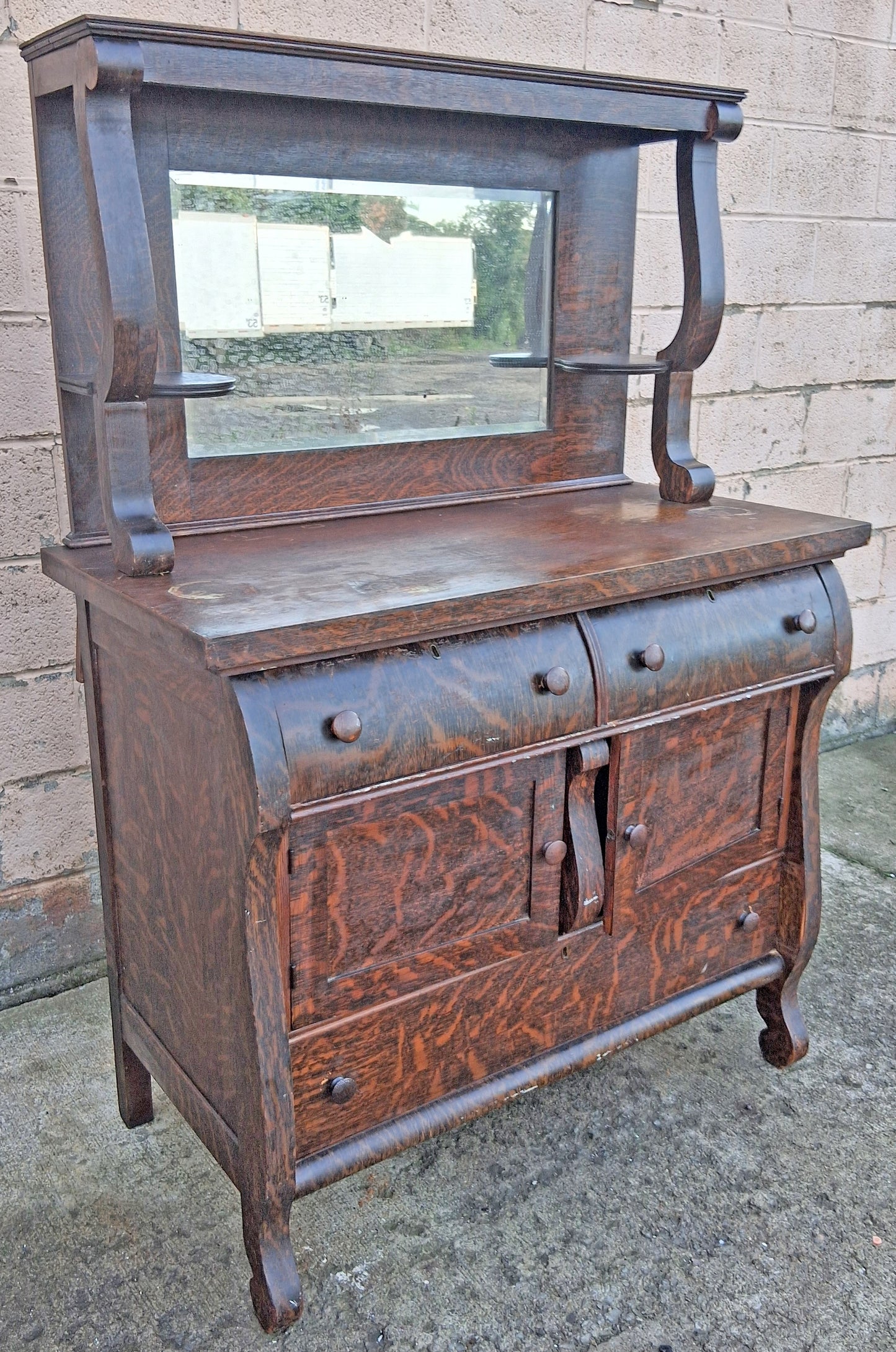 Antique Vintage Reclaimed Salvaged Colonial Edwardian Quartersawn Tiger Oak Wood Wooden Sideboard Buffet Server Beveled Mirror Hutch Cabinet