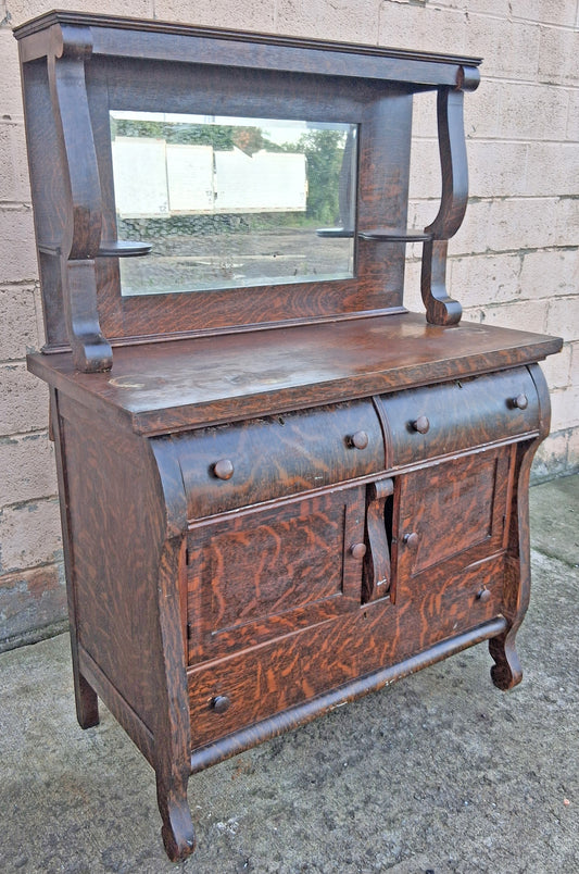 Antique Vintage Reclaimed Salvaged Colonial Edwardian Quartersawn Tiger Oak Wood Wooden Sideboard Buffet Server Beveled Mirror Hutch Cabinet