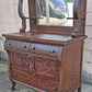 Antique Vintage Reclaimed Salvaged Colonial Edwardian Quartersawn Tiger Oak Wood Wooden Sideboard Buffet Server Beveled Mirror Hutch Cabinet