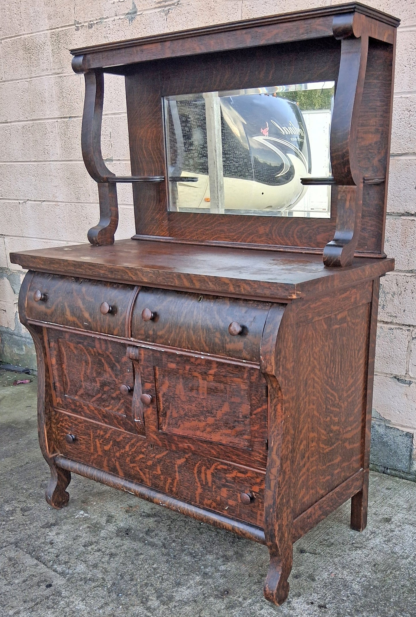Antique Vintage Reclaimed Salvaged Colonial Edwardian Quartersawn Tiger Oak Wood Wooden Sideboard Buffet Server Beveled Mirror Hutch Cabinet