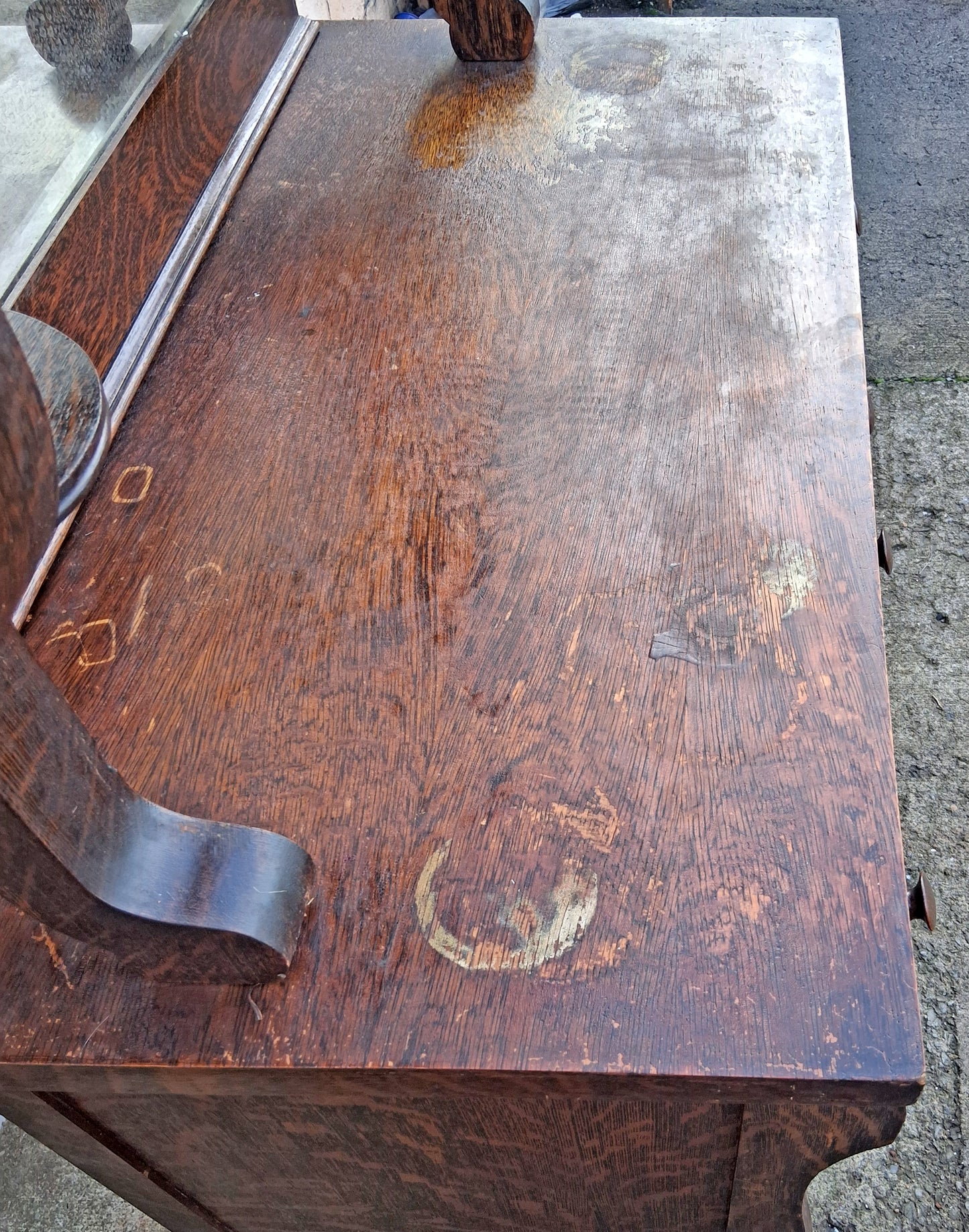 Antique Vintage Reclaimed Salvaged Colonial Edwardian Quartersawn Tiger Oak Wood Wooden Sideboard Buffet Server Beveled Mirror Hutch Cabinet