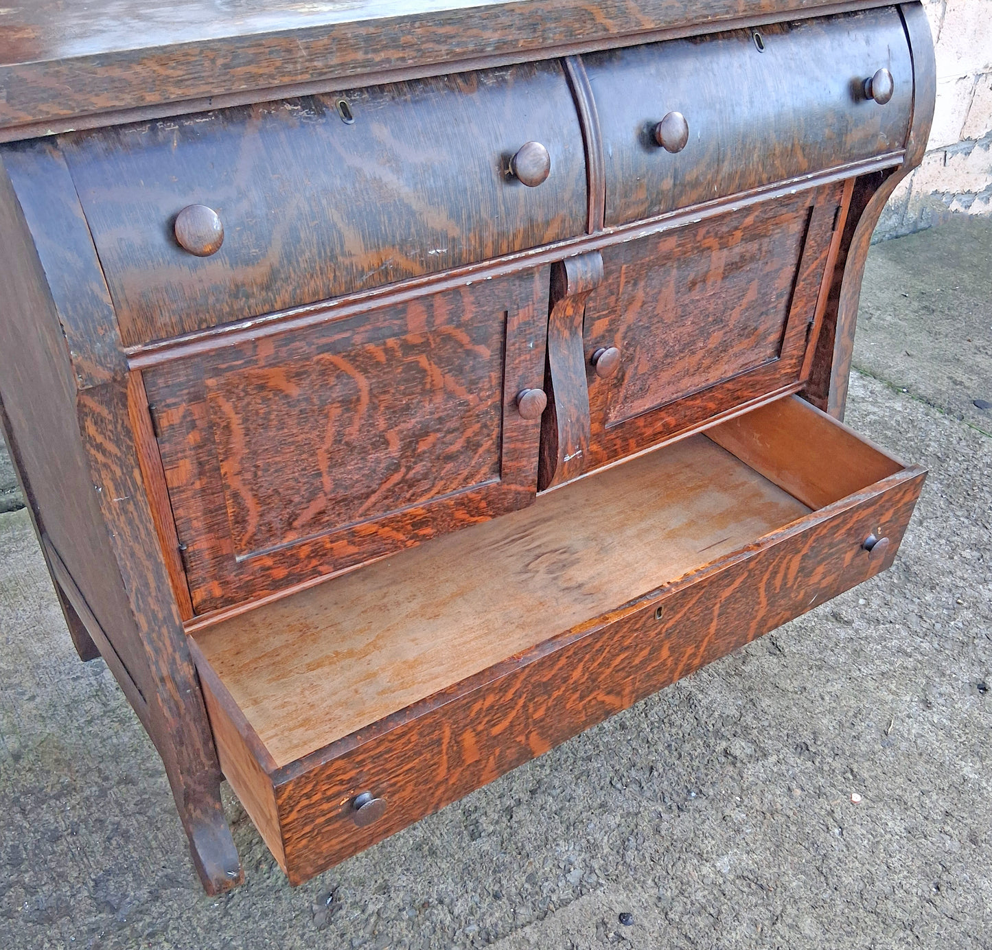 Antique Vintage Reclaimed Salvaged Colonial Edwardian Quartersawn Tiger Oak Wood Wooden Sideboard Buffet Server Beveled Mirror Hutch Cabinet