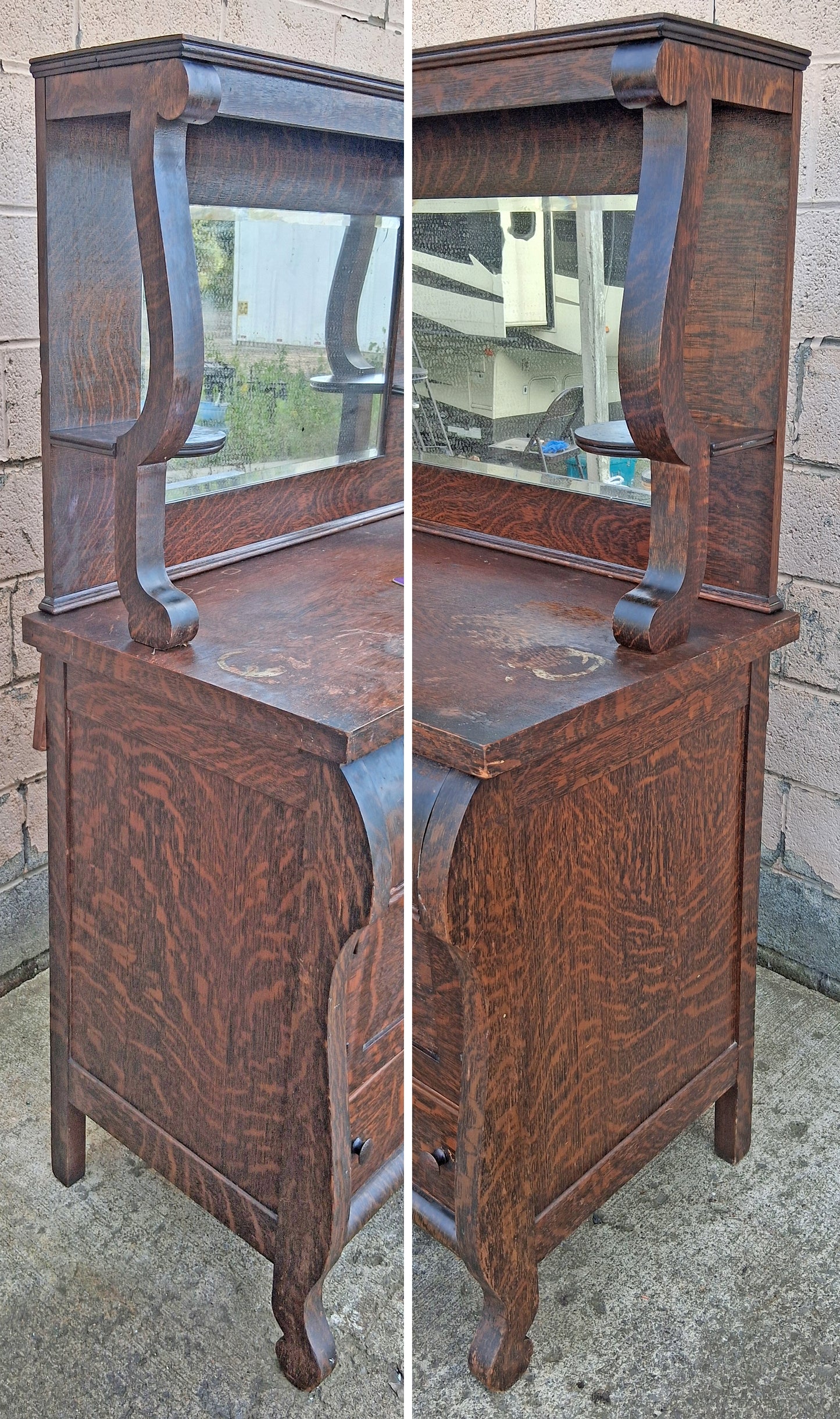Antique Vintage Reclaimed Salvaged Colonial Edwardian Quartersawn Tiger Oak Wood Wooden Sideboard Buffet Server Beveled Mirror Hutch Cabinet