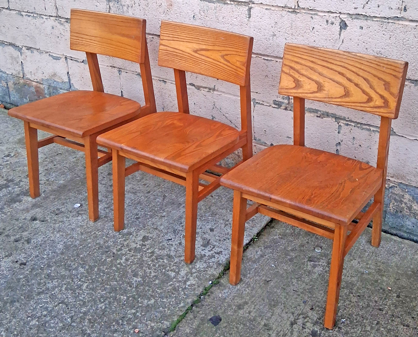 Set of 3 Vintage Antique Reclaimed Salvaged University of Scranton Mid Century Solid Oak Wood Wooden Dining Desk Seat Library Chairs