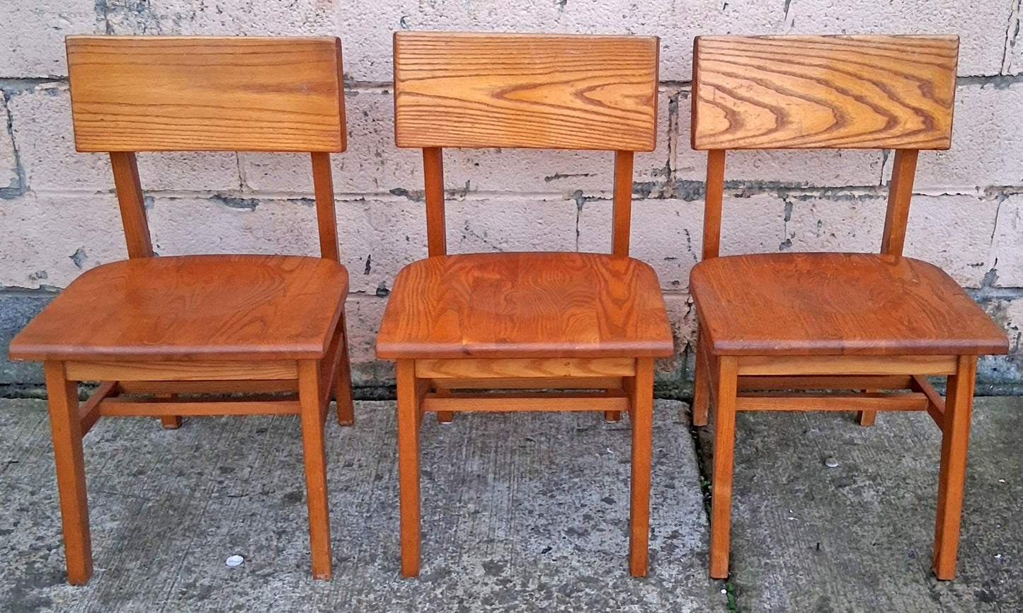 Set of 3 Vintage Antique Reclaimed Salvaged University of Scranton Mid Century Solid Oak Wood Wooden Dining Desk Seat Library Chairs