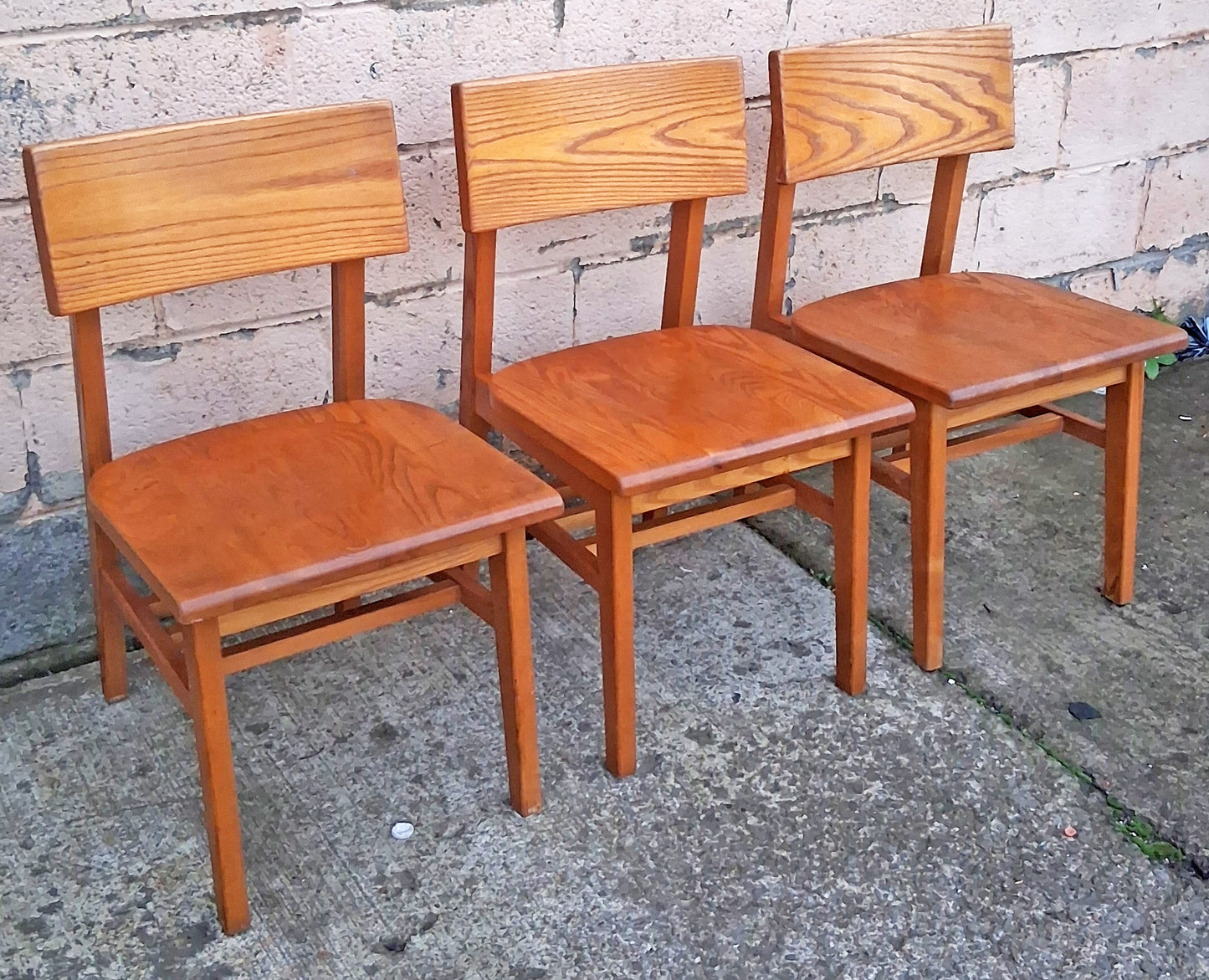 Set of 3 Vintage Antique Reclaimed Salvaged University of Scranton Mid Century Solid Oak Wood Wooden Dining Desk Seat Library Chairs