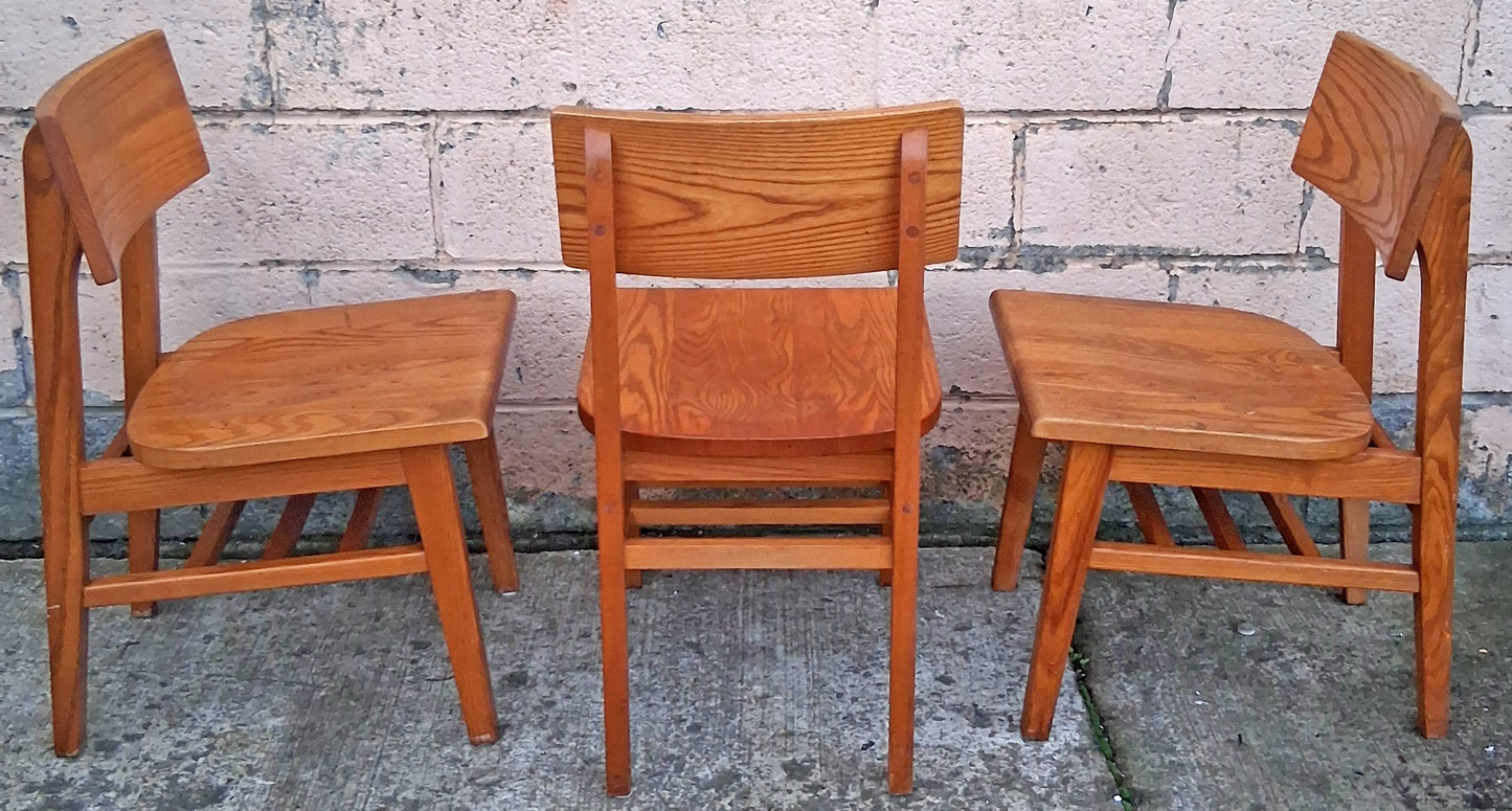 Set of 3 Vintage Antique Reclaimed Salvaged University of Scranton Mid Century Solid Oak Wood Wooden Dining Desk Seat Library Chairs