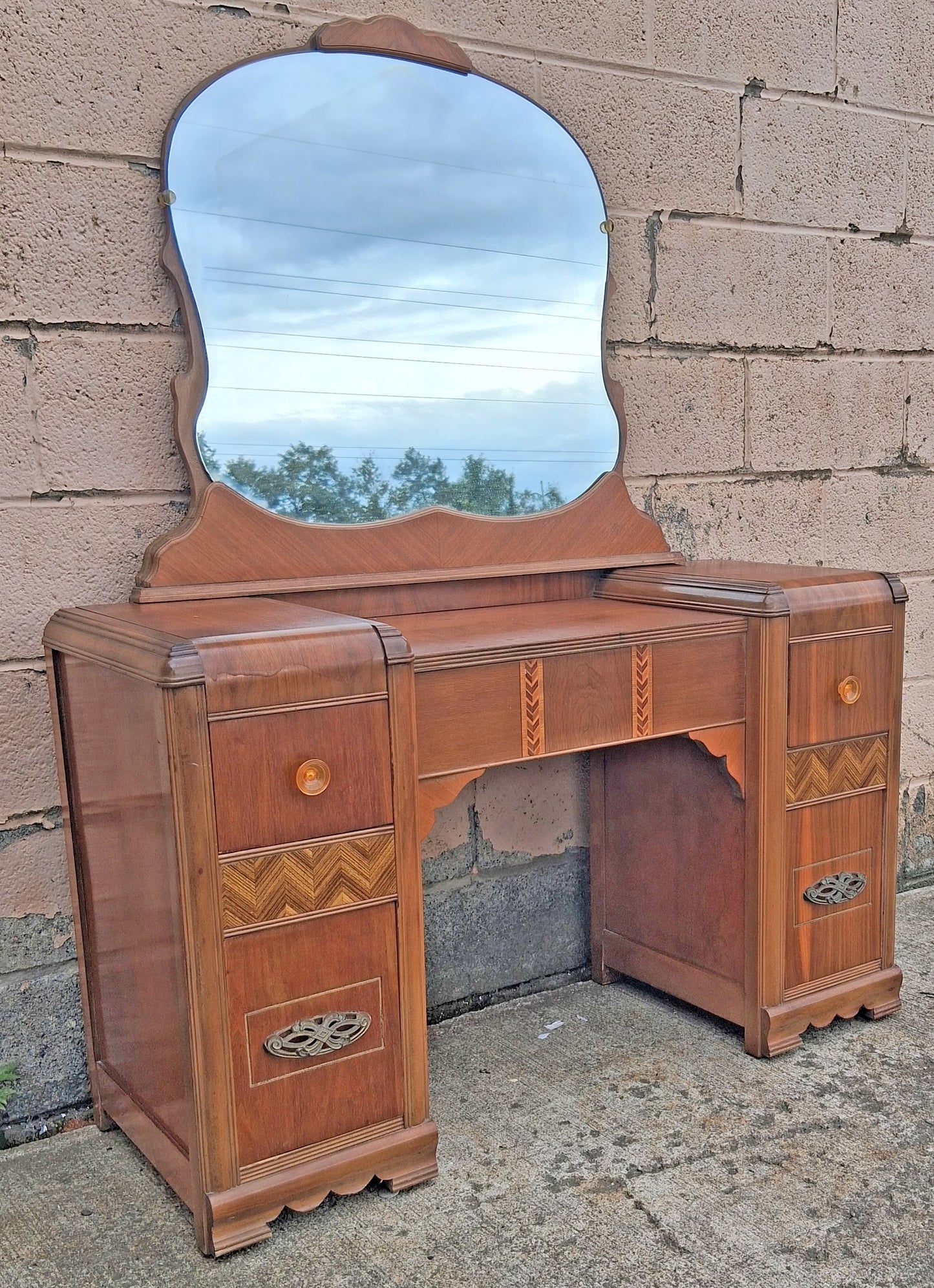 Antique Vintage Old Reclaimed Salvaged Art Deco Waterfall Solid Wood Wooden Walnut Serpentine Makeup Dressing Kneehole Vanity Table