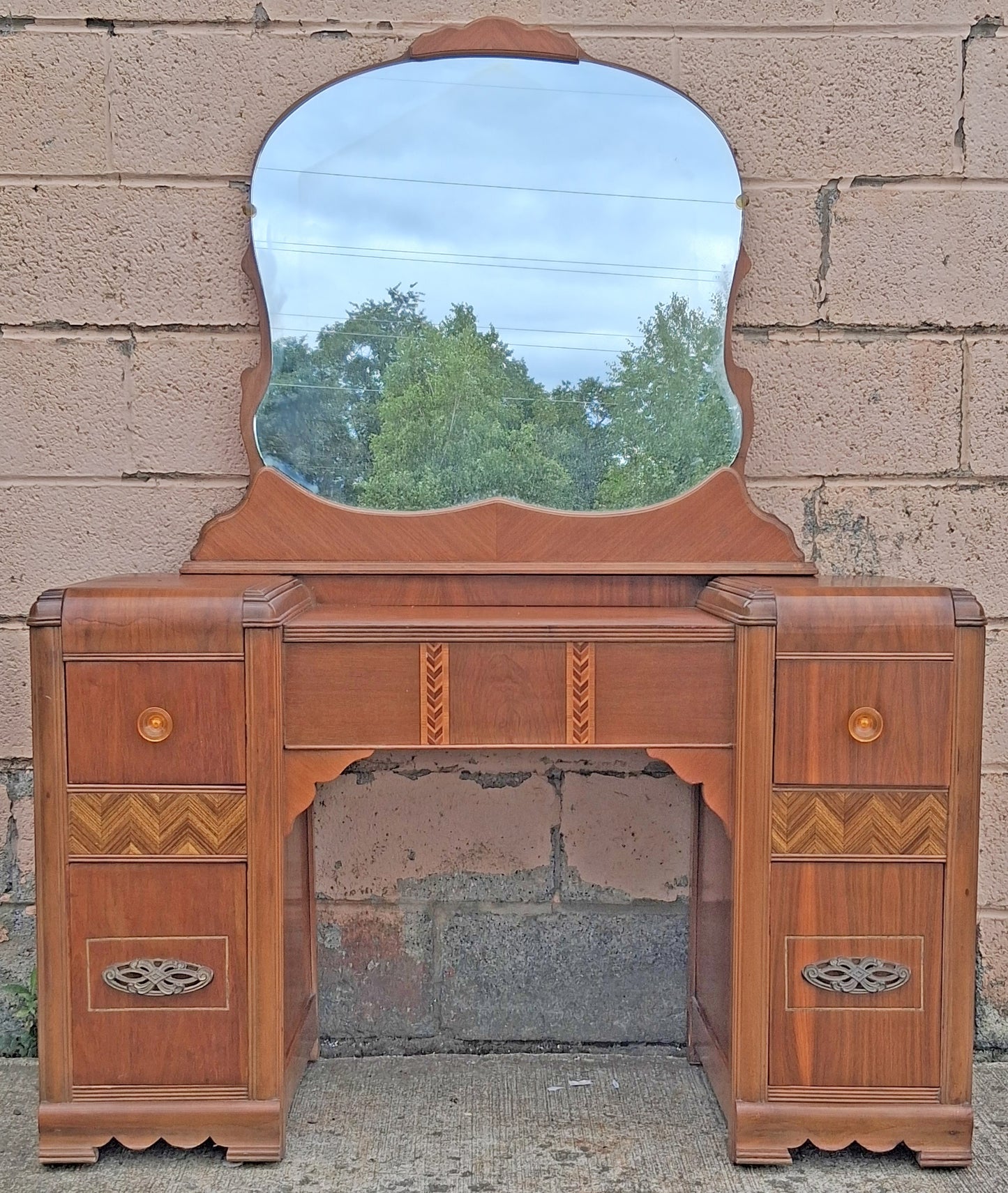 Antique Vintage Old Reclaimed Salvaged Art Deco Waterfall Solid Wood Wooden Walnut Serpentine Makeup Dressing Kneehole Vanity Table
