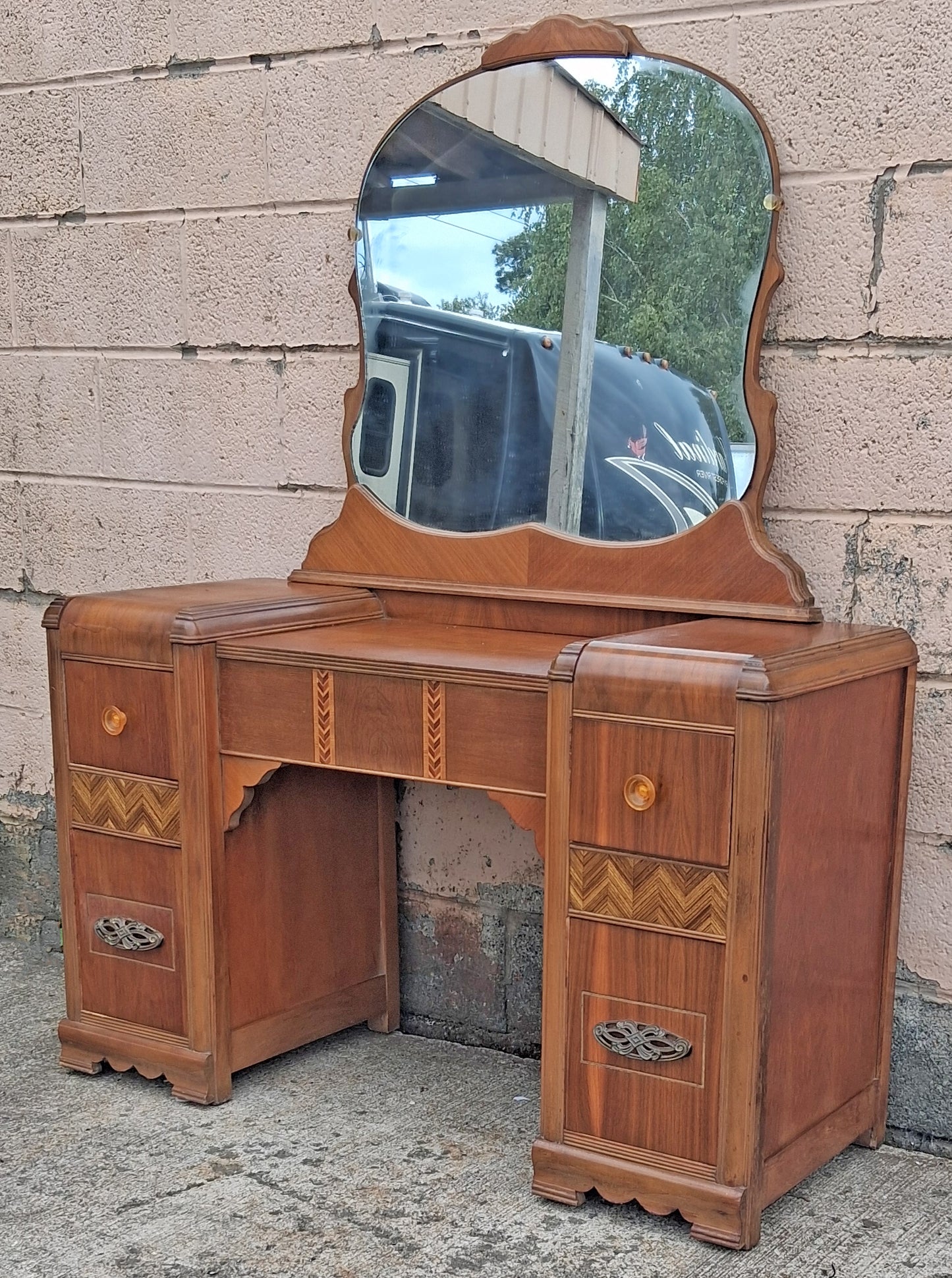 Antique Vintage Old Reclaimed Salvaged Art Deco Waterfall Solid Wood Wooden Walnut Serpentine Makeup Dressing Kneehole Vanity Table
