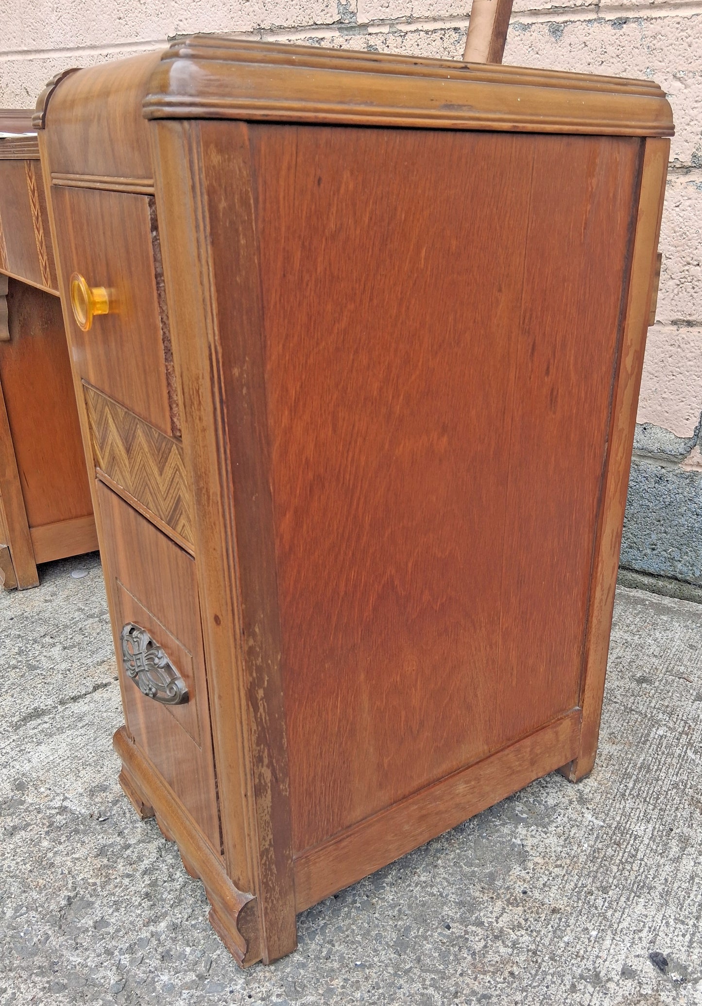 Antique Vintage Old Reclaimed Salvaged Art Deco Waterfall Solid Wood Wooden Walnut Serpentine Makeup Dressing Kneehole Vanity Table