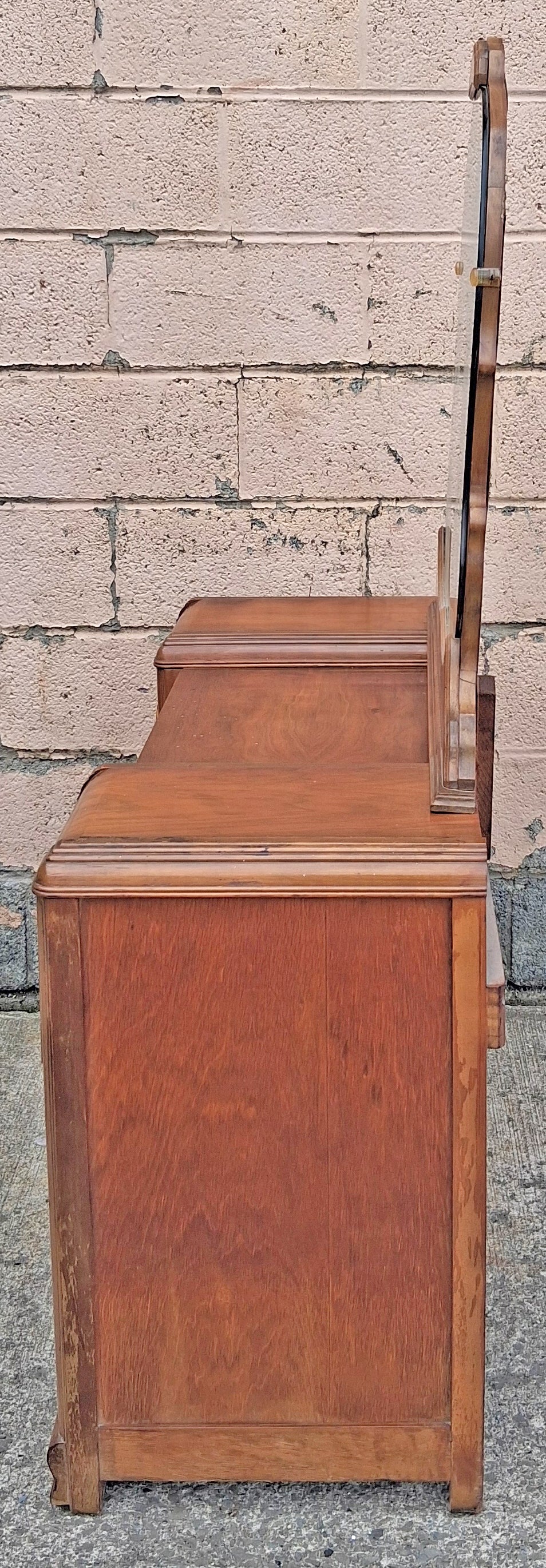 Antique Vintage Old Reclaimed Salvaged Art Deco Waterfall Solid Wood Wooden Walnut Serpentine Makeup Dressing Kneehole Vanity Table