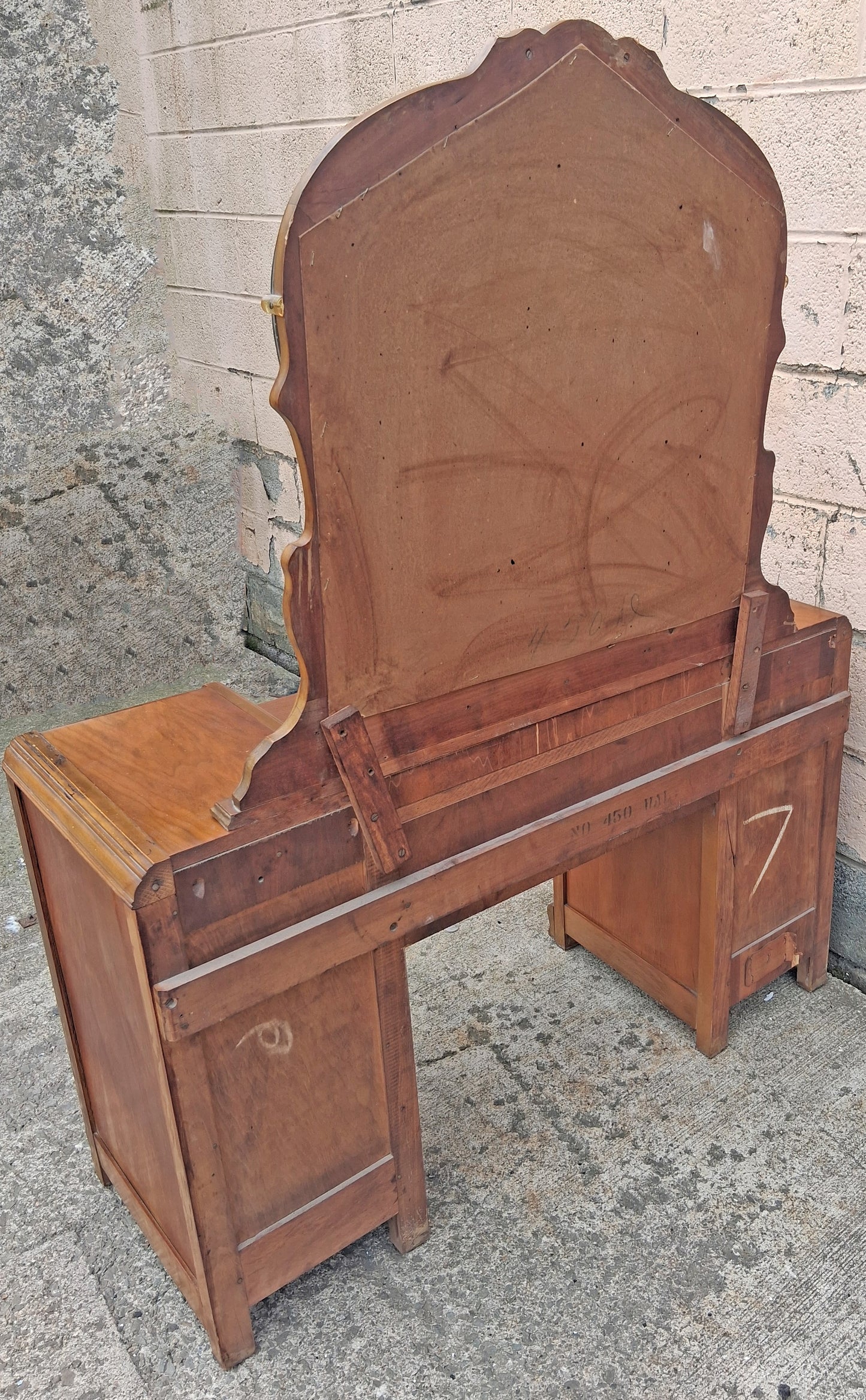 Antique Vintage Old Reclaimed Salvaged Art Deco Waterfall Solid Wood Wooden Walnut Serpentine Makeup Dressing Kneehole Vanity Table