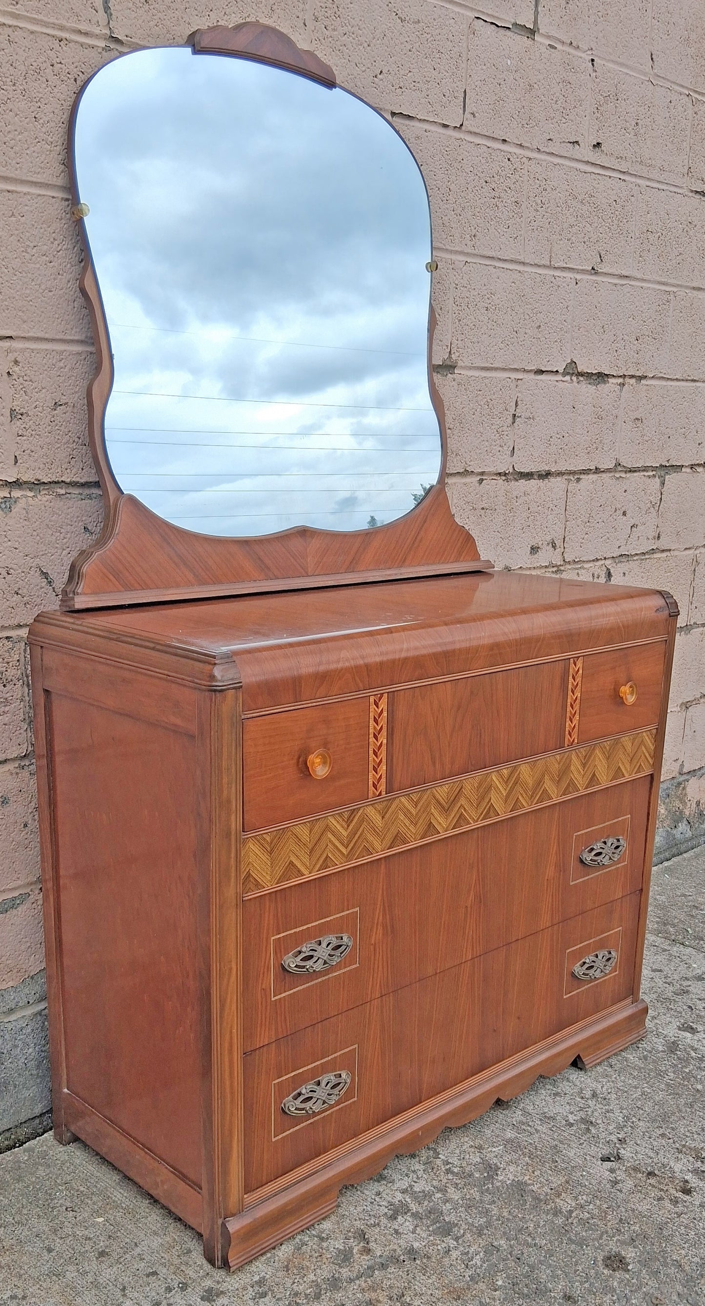 Antique Vintage Old Reclaimed Salvaged Art Deco Waterfall Solid Wood Wooden Walnut Bedroom Dresser Chest of Drawers 3 Drawer Mirror Vanity
