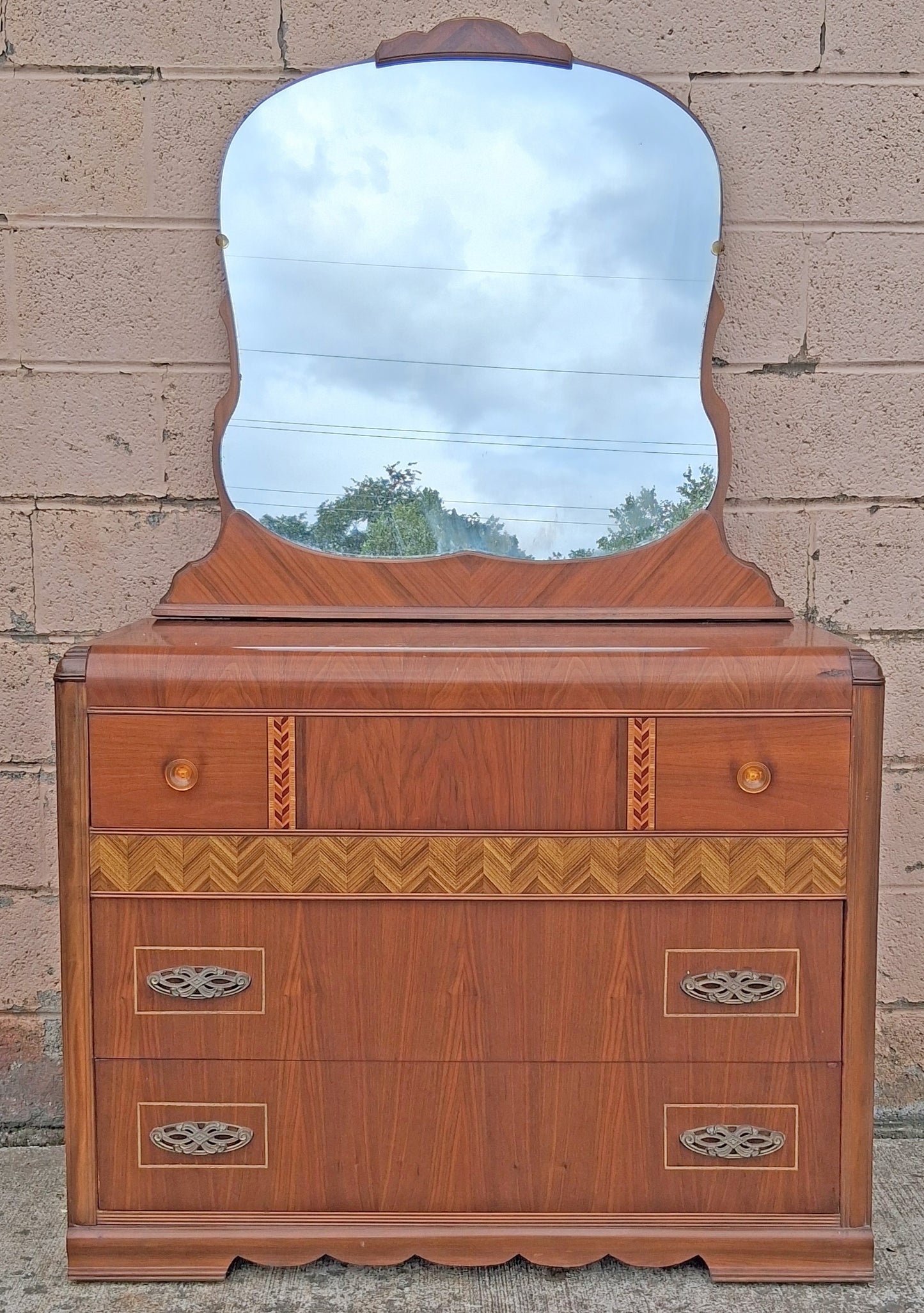 Antique Vintage Old Reclaimed Salvaged Art Deco Waterfall Solid Wood Wooden Walnut Bedroom Dresser Chest of Drawers 3 Drawer Mirror Vanity
