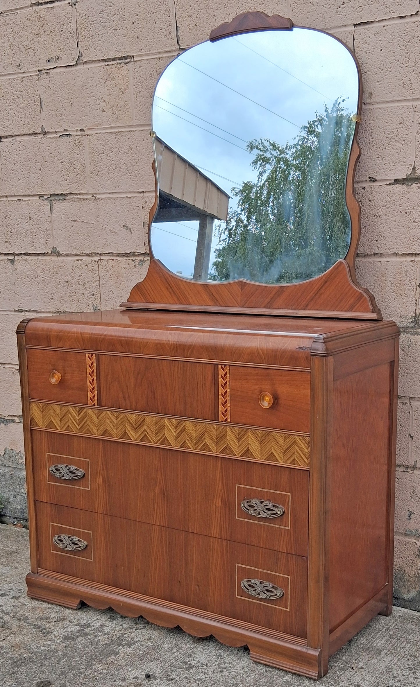 Antique Vintage Old Reclaimed Salvaged Art Deco Waterfall Solid Wood Wooden Walnut Bedroom Dresser Chest of Drawers 3 Drawer Mirror Vanity