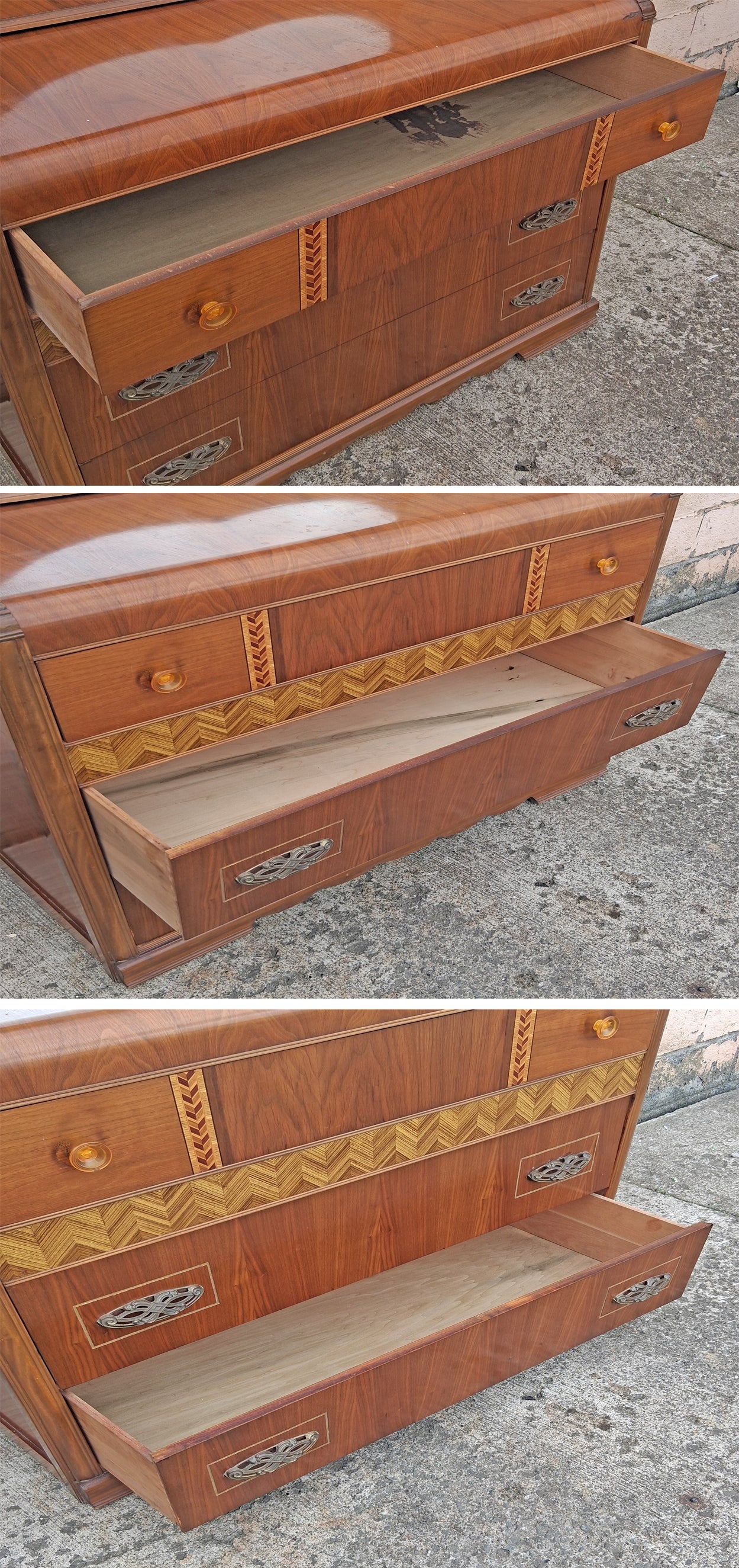 Antique Vintage Old Reclaimed Salvaged Art Deco Waterfall Solid Wood Wooden Walnut Bedroom Dresser Chest of Drawers 3 Drawer Mirror Vanity
