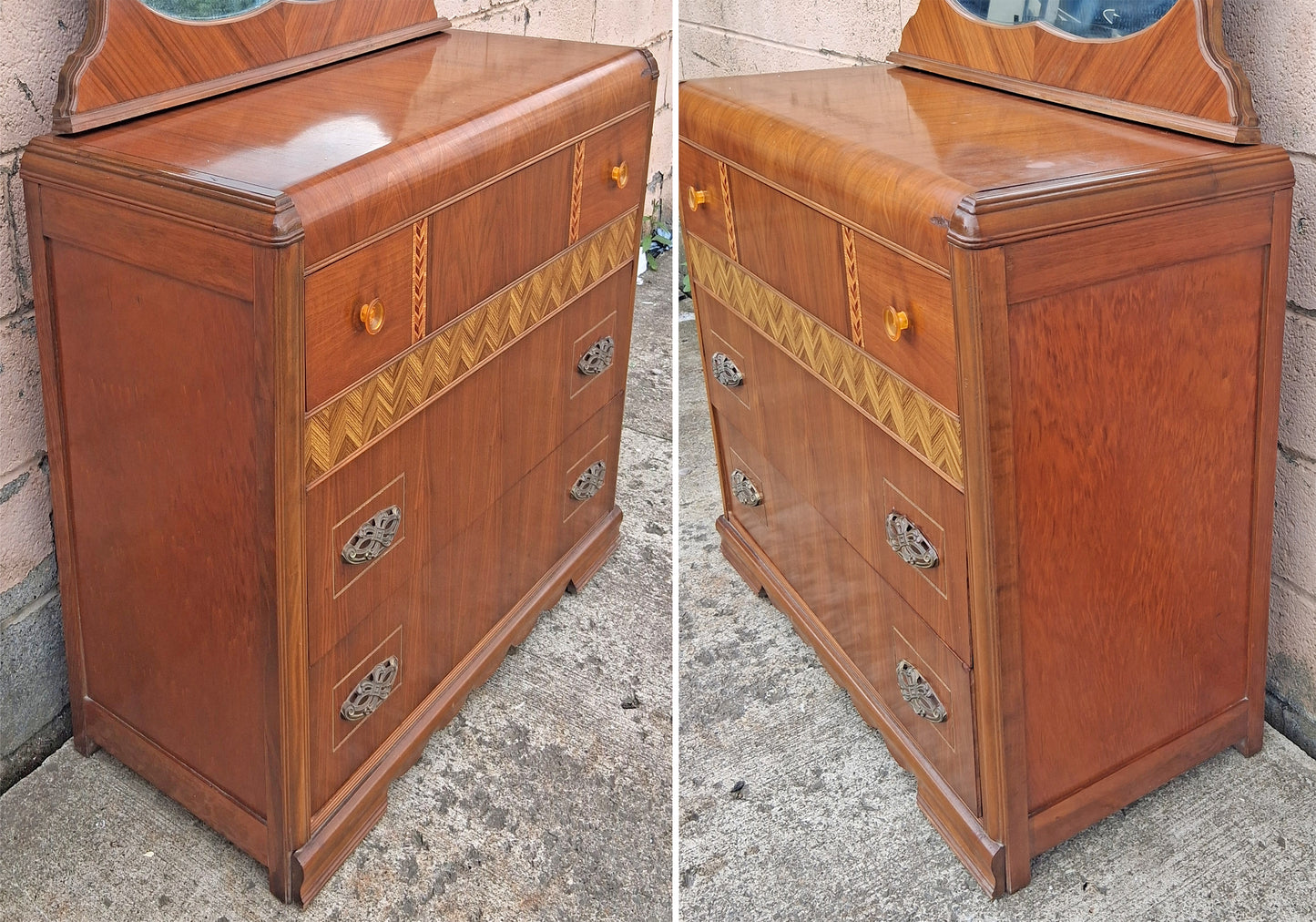 Antique Vintage Old Reclaimed Salvaged Art Deco Waterfall Solid Wood Wooden Walnut Bedroom Dresser Chest of Drawers 3 Drawer Mirror Vanity