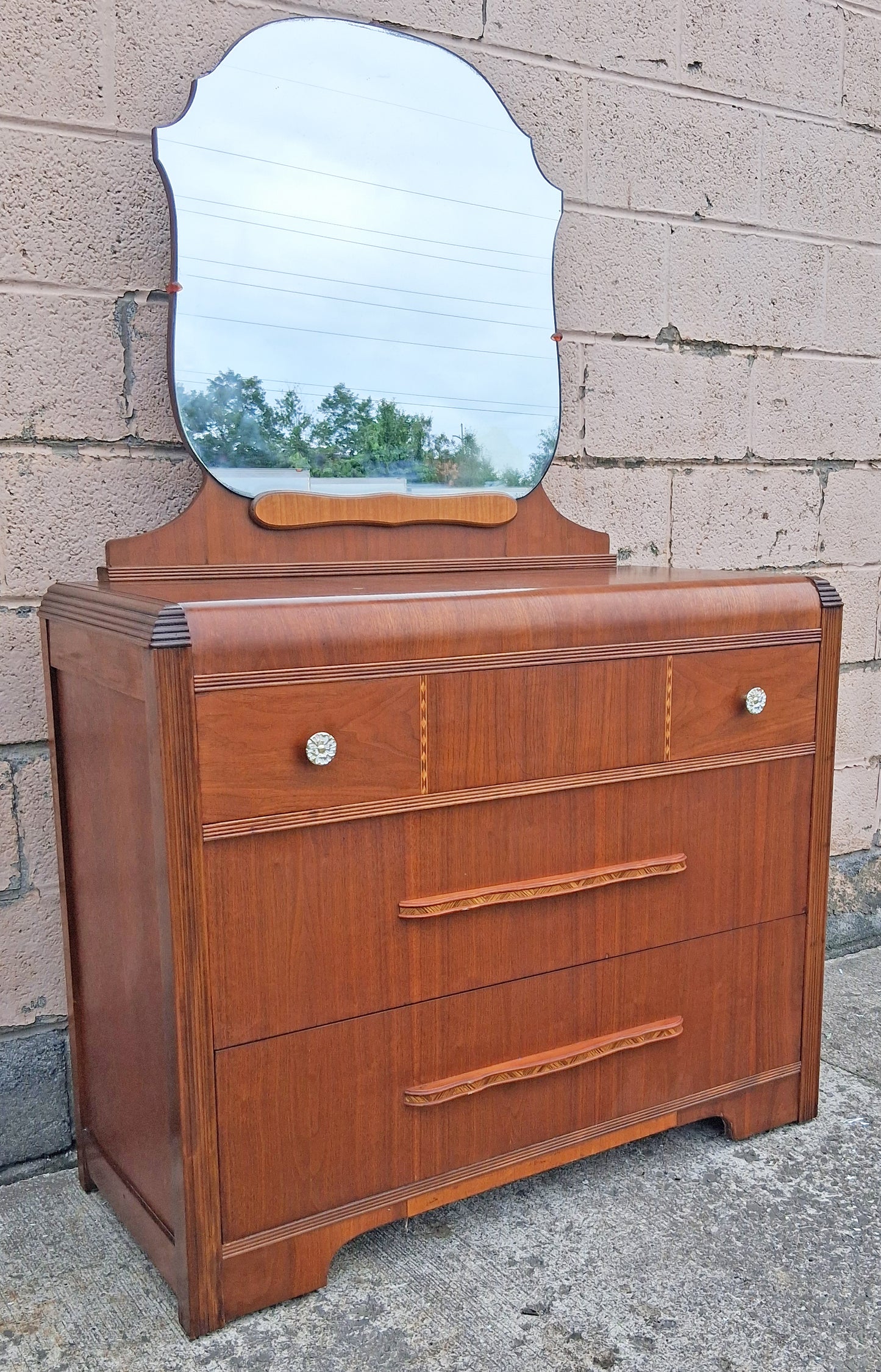 Antique Vintage Old Reclaimed Salvaged Art Deco Waterfall Solid Wood Wooden Walnut Bedroom Dresser Chest of Drawers 3 Drawer Mirror Vanity