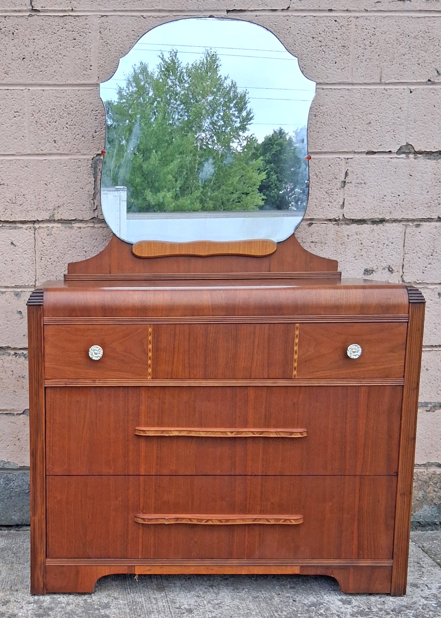 Antique Vintage Old Reclaimed Salvaged Art Deco Waterfall Solid Wood Wooden Walnut Bedroom Dresser Chest of Drawers 3 Drawer Mirror Vanity