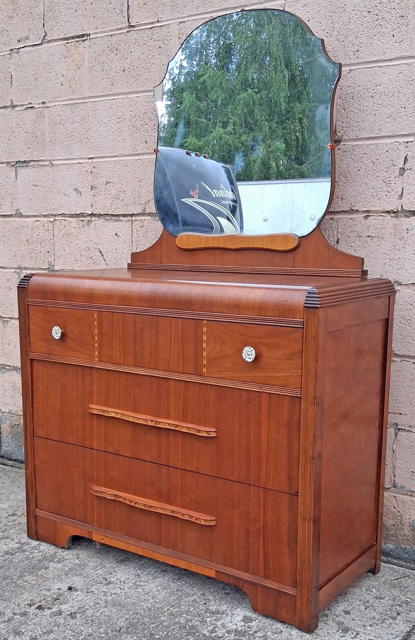Antique Vintage Old Reclaimed Salvaged Art Deco Waterfall Solid Wood Wooden Walnut Bedroom Dresser Chest of Drawers 3 Drawer Mirror Vanity