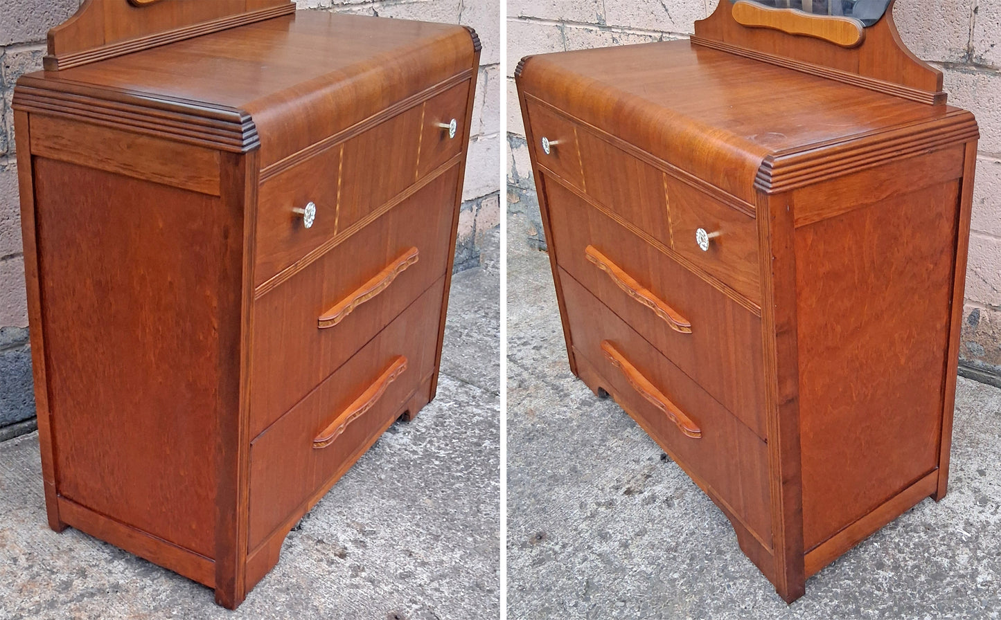 Antique Vintage Old Reclaimed Salvaged Art Deco Waterfall Solid Wood Wooden Walnut Bedroom Dresser Chest of Drawers 3 Drawer Mirror Vanity