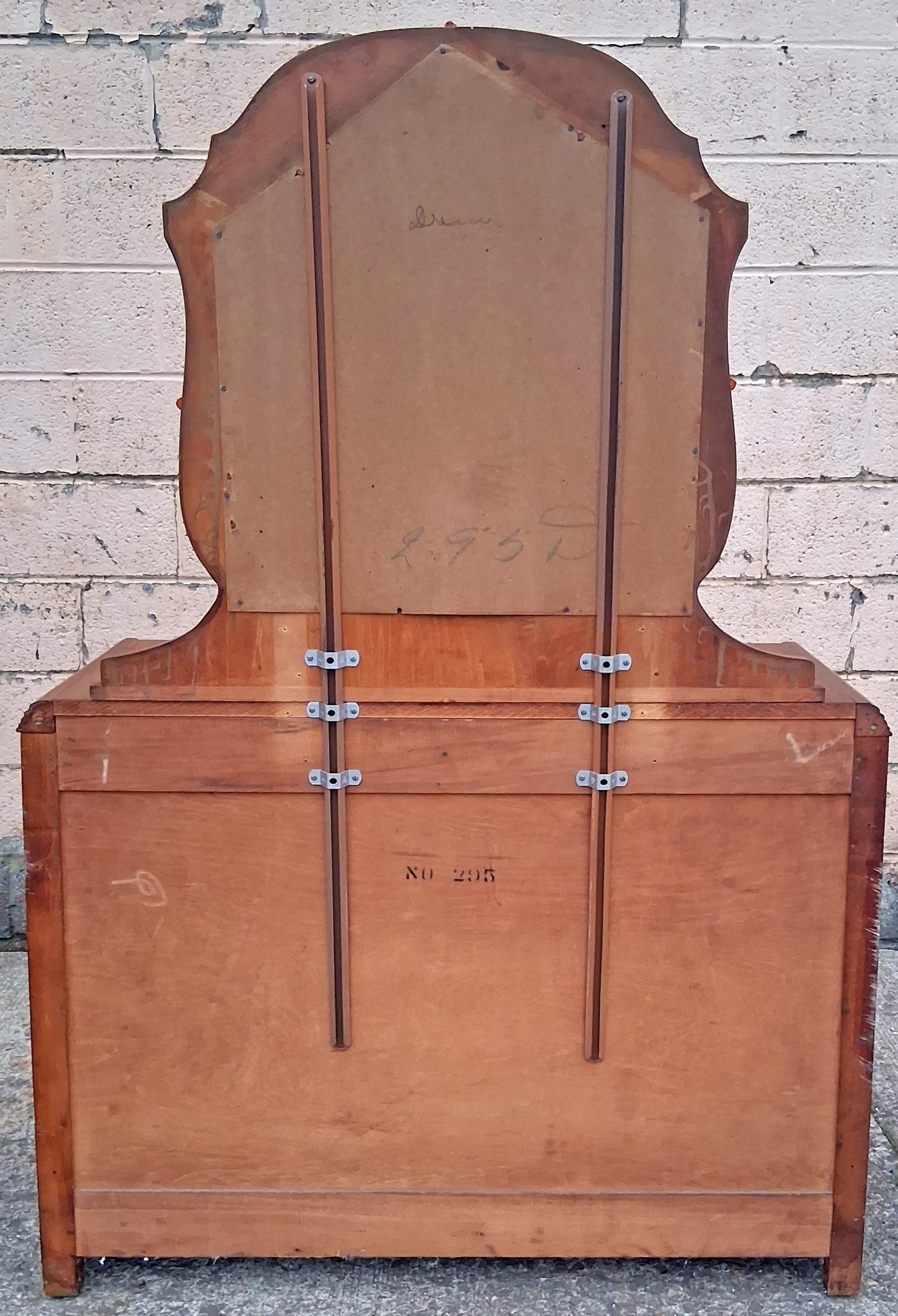 Antique Vintage Old Reclaimed Salvaged Art Deco Waterfall Solid Wood Wooden Walnut Bedroom Dresser Chest of Drawers 3 Drawer Mirror Vanity