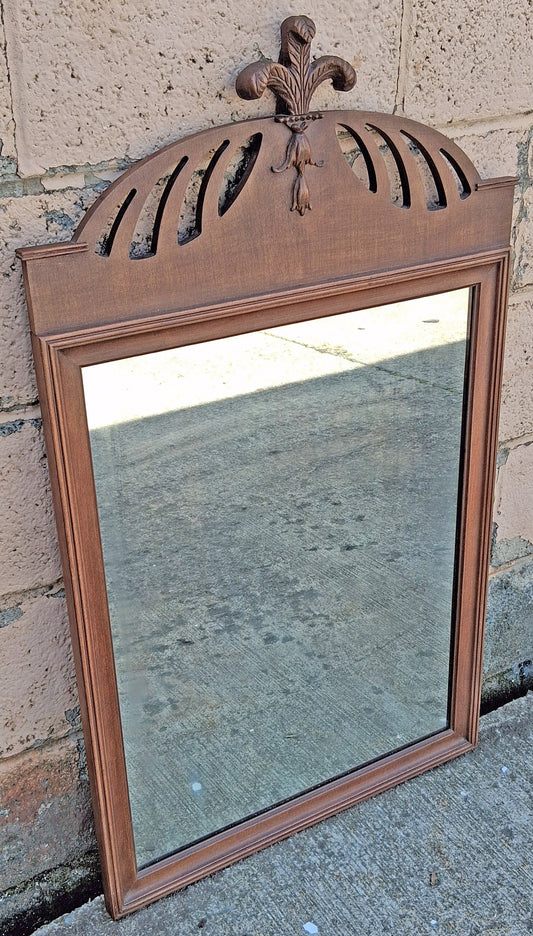 Antique Vintage Old Chippendale Wood Wooden Wall Decorative Entryway Vanity Hanging Accent Mirror Fleur-de-Lis Pediment Cutout Crest Frame