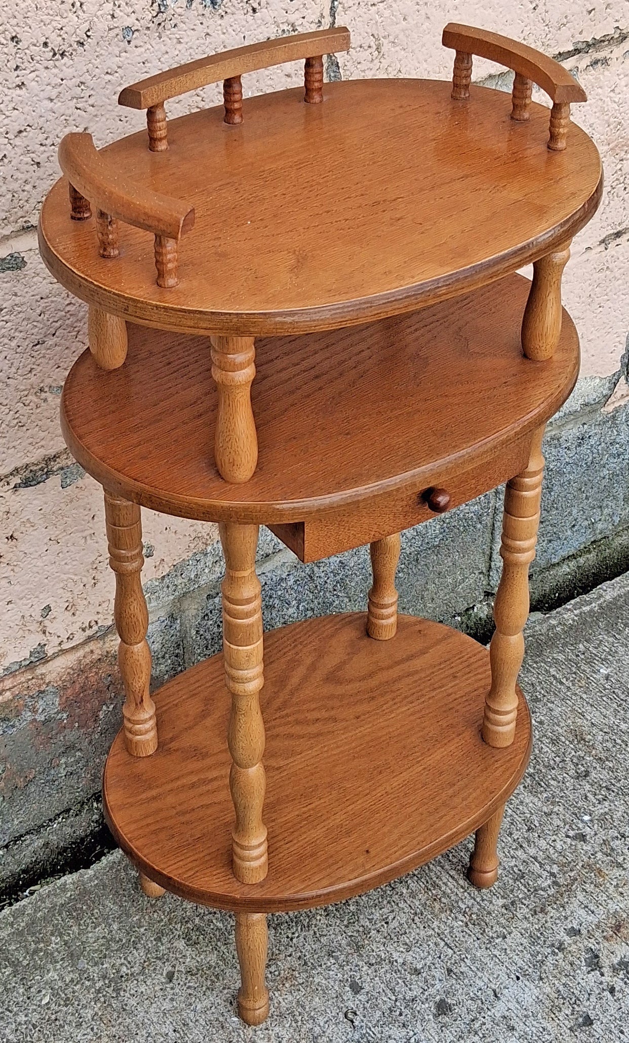 Vintage Antique Old Colonial Revival Traditional Oak 3 Tier Tiered Small Accent Oval Side End Telephone Stand Nightstand Table Shelf Drawer