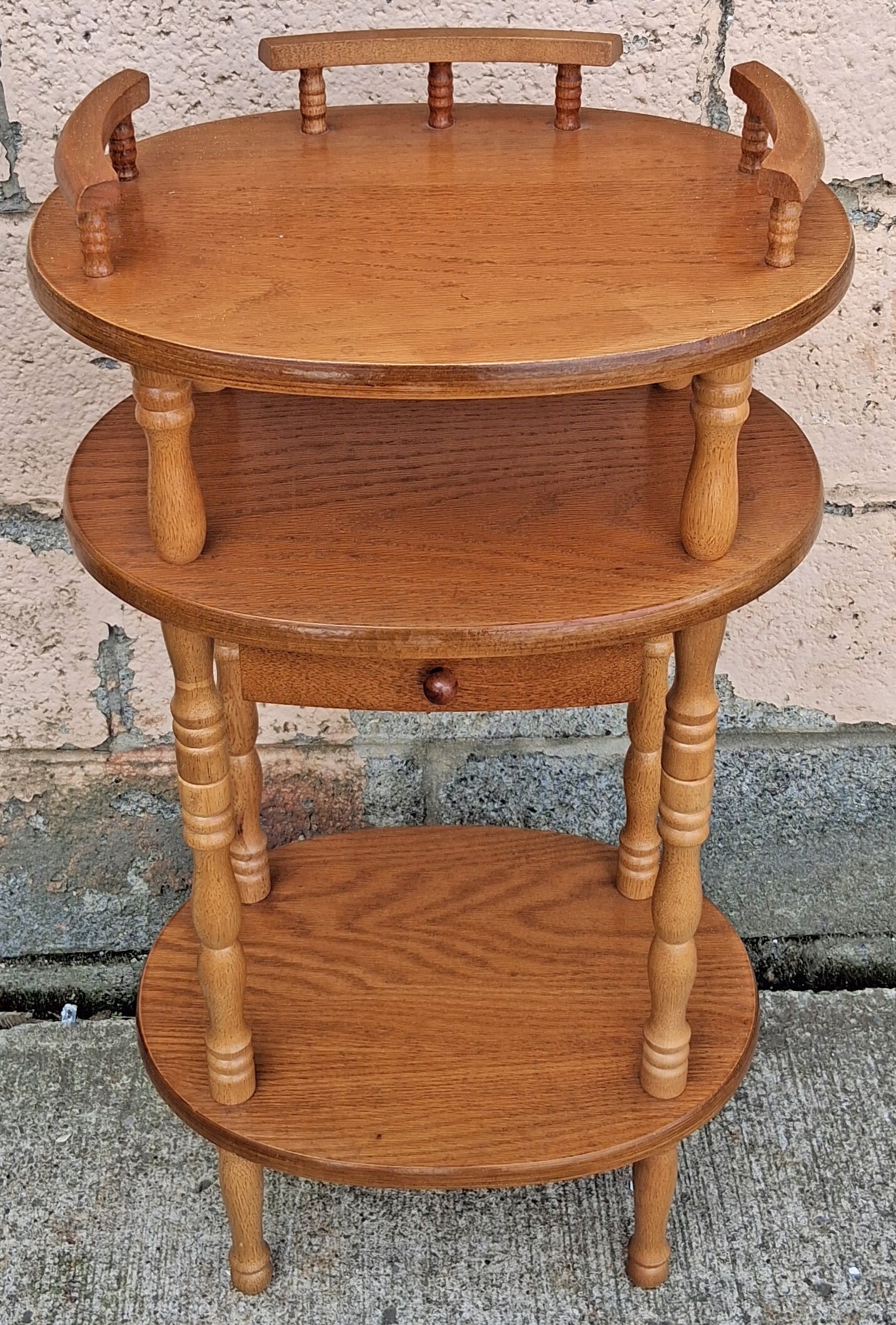 Vintage Antique Old Colonial Revival Traditional Oak 3 Tier Tiered Small Accent Oval Side End Telephone Stand Nightstand Table Shelf Drawer