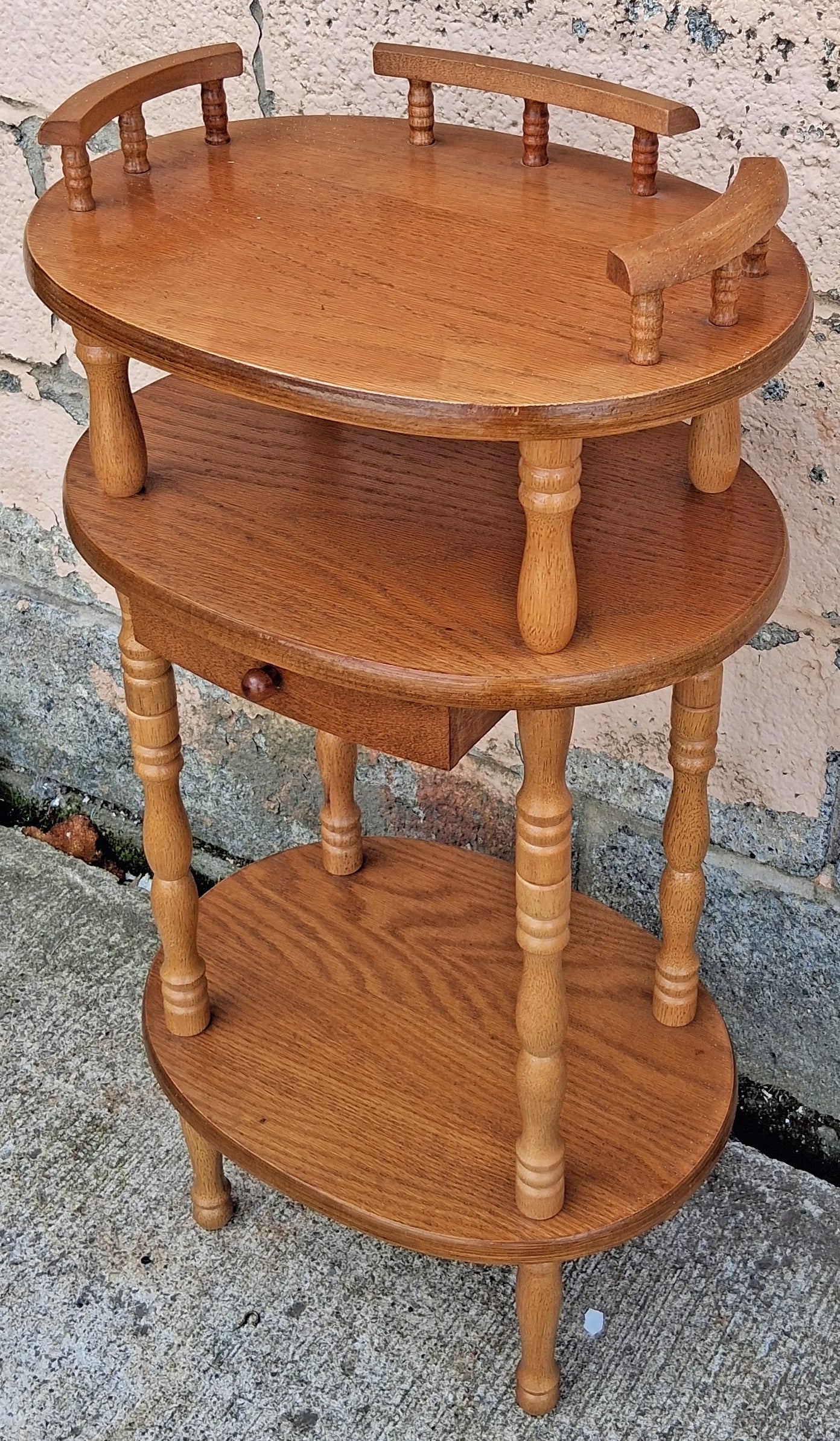 Vintage Antique Old Colonial Revival Traditional Oak 3 Tier Tiered Small Accent Oval Side End Telephone Stand Nightstand Table Shelf Drawer