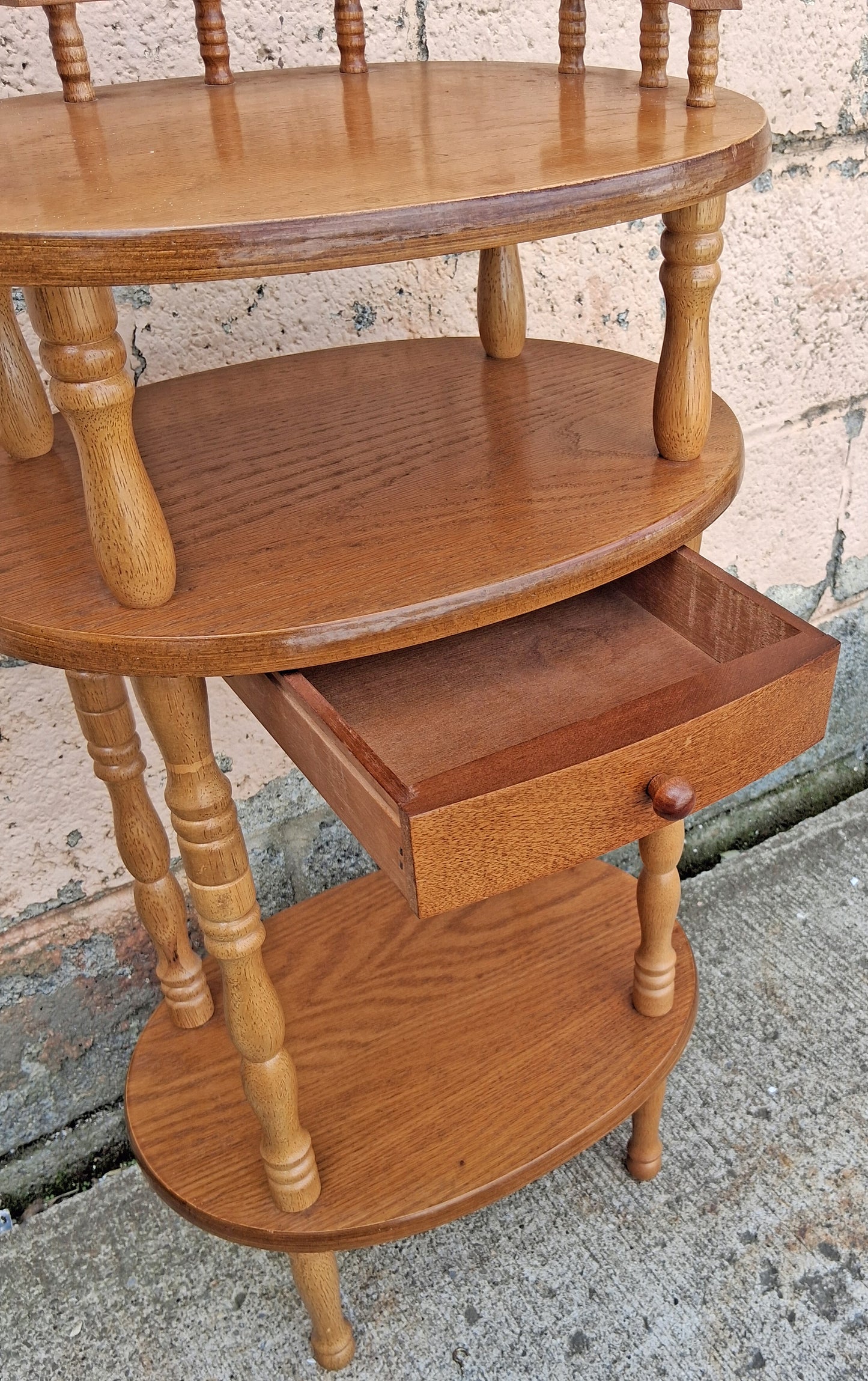 Vintage Antique Old Colonial Revival Traditional Oak 3 Tier Tiered Small Accent Oval Side End Telephone Stand Nightstand Table Shelf Drawer