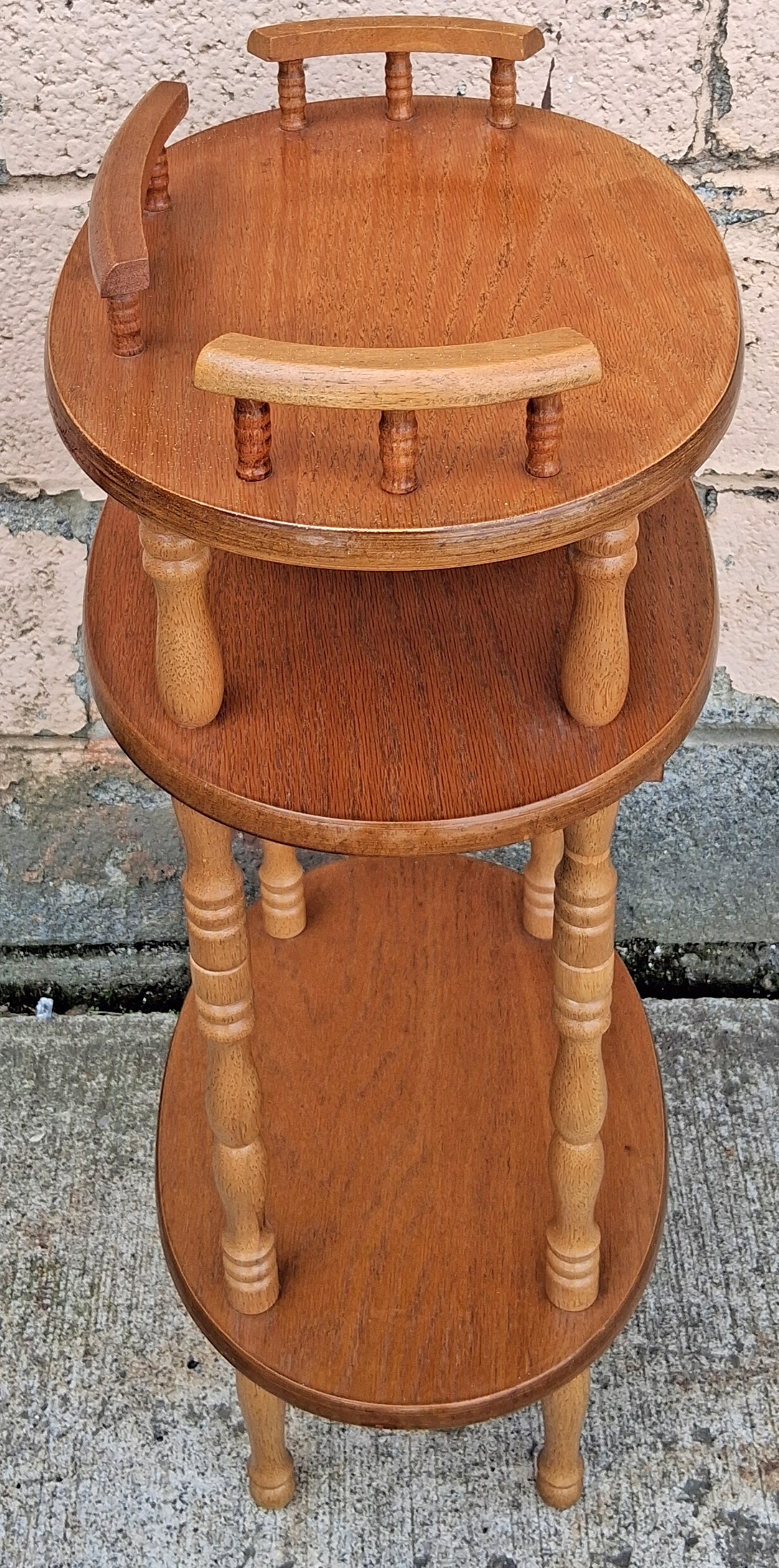 Vintage Antique Old Colonial Revival Traditional Oak 3 Tier Tiered Small Accent Oval Side End Telephone Stand Nightstand Table Shelf Drawer