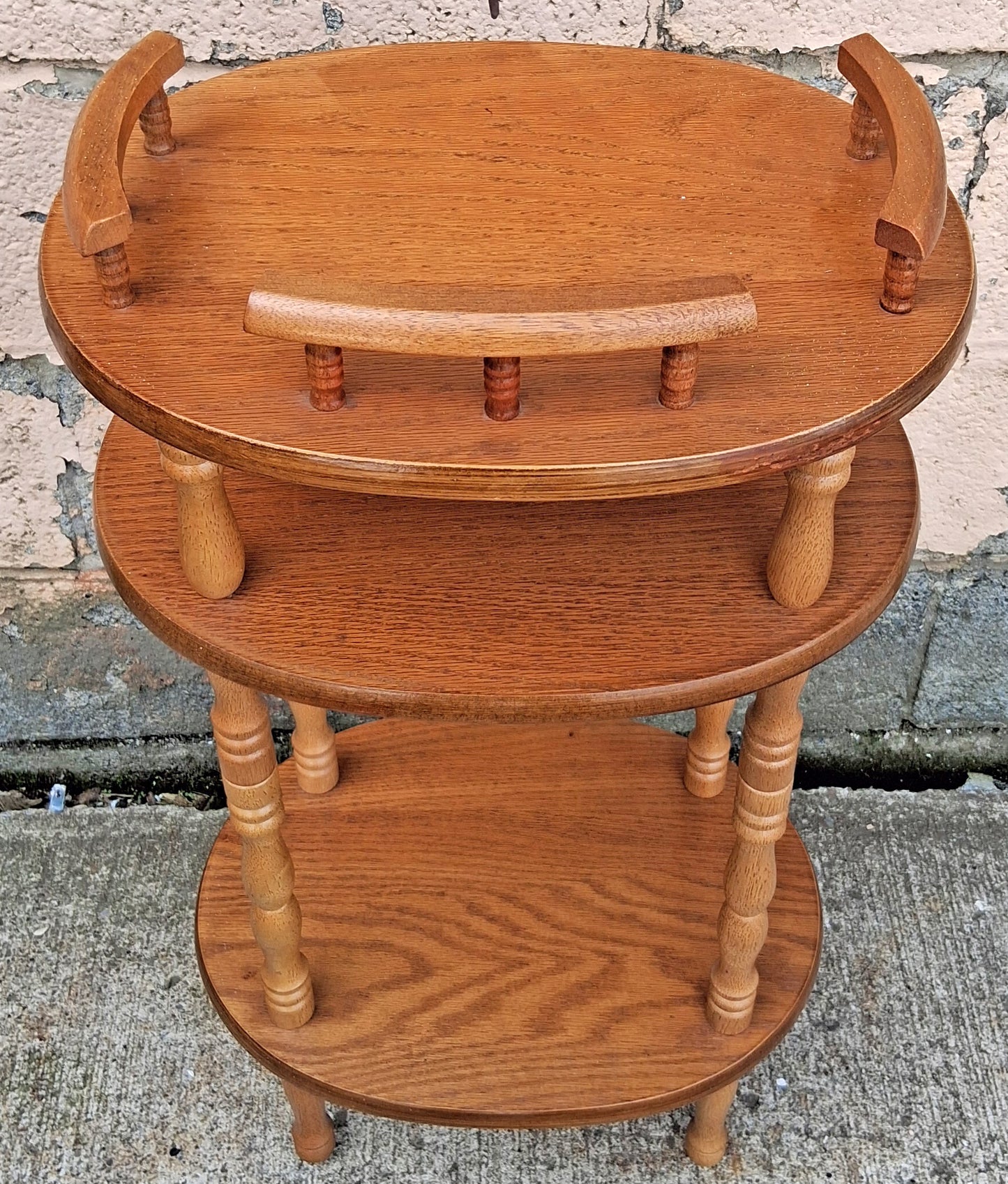 Vintage Antique Old Colonial Revival Traditional Oak 3 Tier Tiered Small Accent Oval Side End Telephone Stand Nightstand Table Shelf Drawer