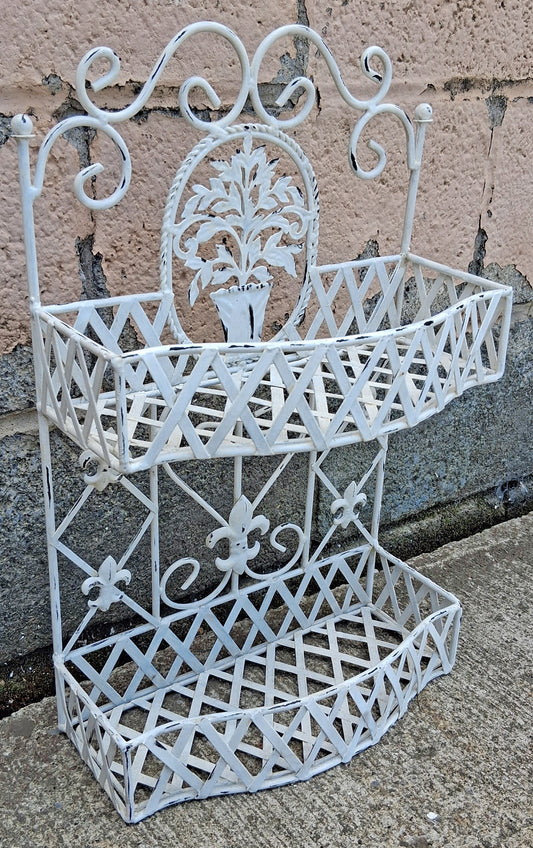 Vintage French Country Distressed Rustic White Wrought Iron Wire 2 Tier Wall Shelf Basket Rack Plant Stand Spice Caddy Home Bathroom Decor