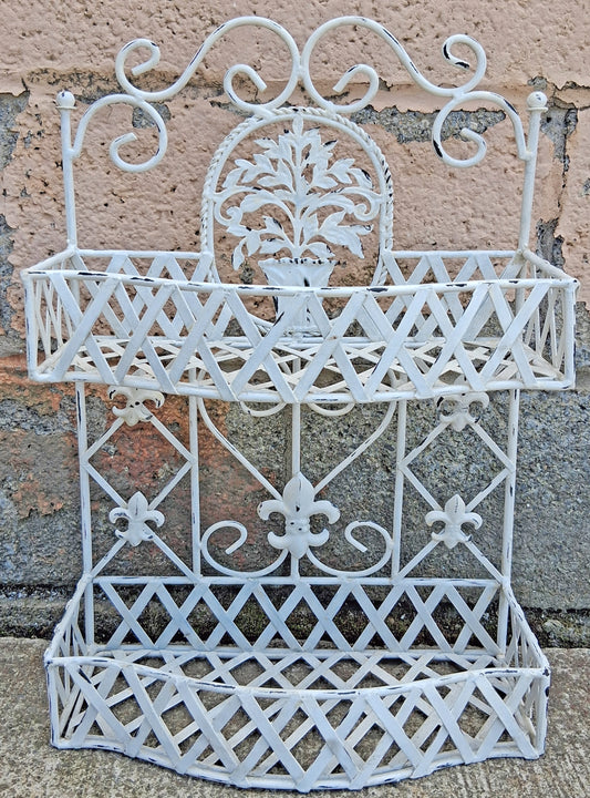 Vintage French Country Distressed Rustic White Wrought Iron Wire 2 Tier Wall Shelf Basket Rack Plant Stand Spice Caddy Home Bathroom Decor