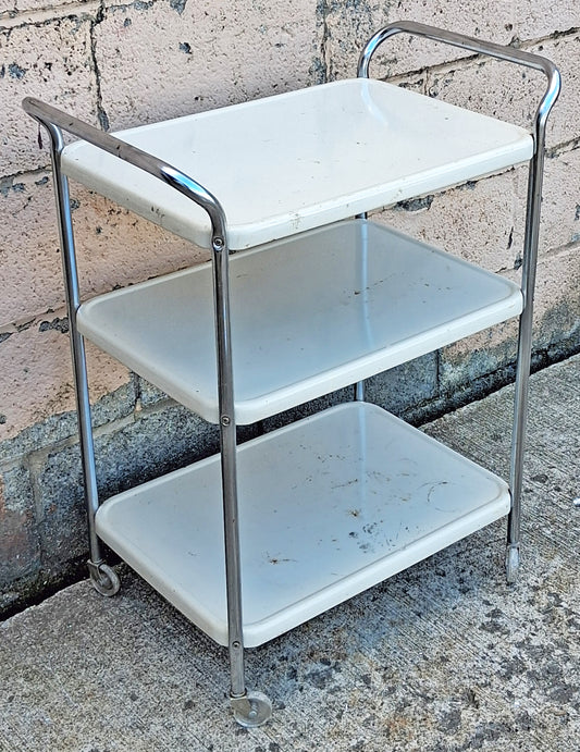 Vintage Antique Old Mid Century Modern Cosco 3 Tier Metal Rolling Utility Cart Chrome & White Bar Cart Kitchen Island Trolley Plant Stand