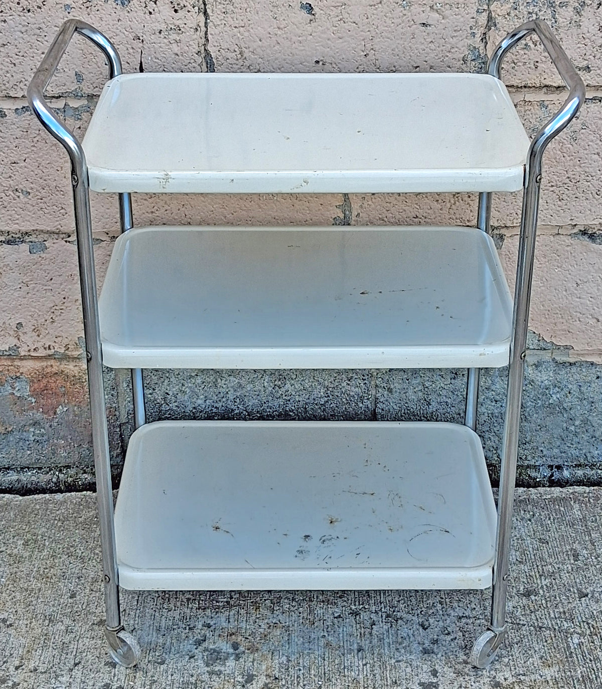 Vintage Antique Old Mid Century Modern Cosco 3 Tier Metal Rolling Utility Cart Chrome & White Bar Cart Kitchen Island Trolley Plant Stand