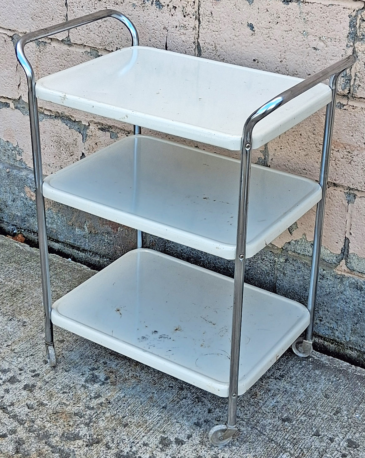 Vintage Antique Old Mid Century Modern Cosco 3 Tier Metal Rolling Utility Cart Chrome & White Bar Cart Kitchen Island Trolley Plant Stand