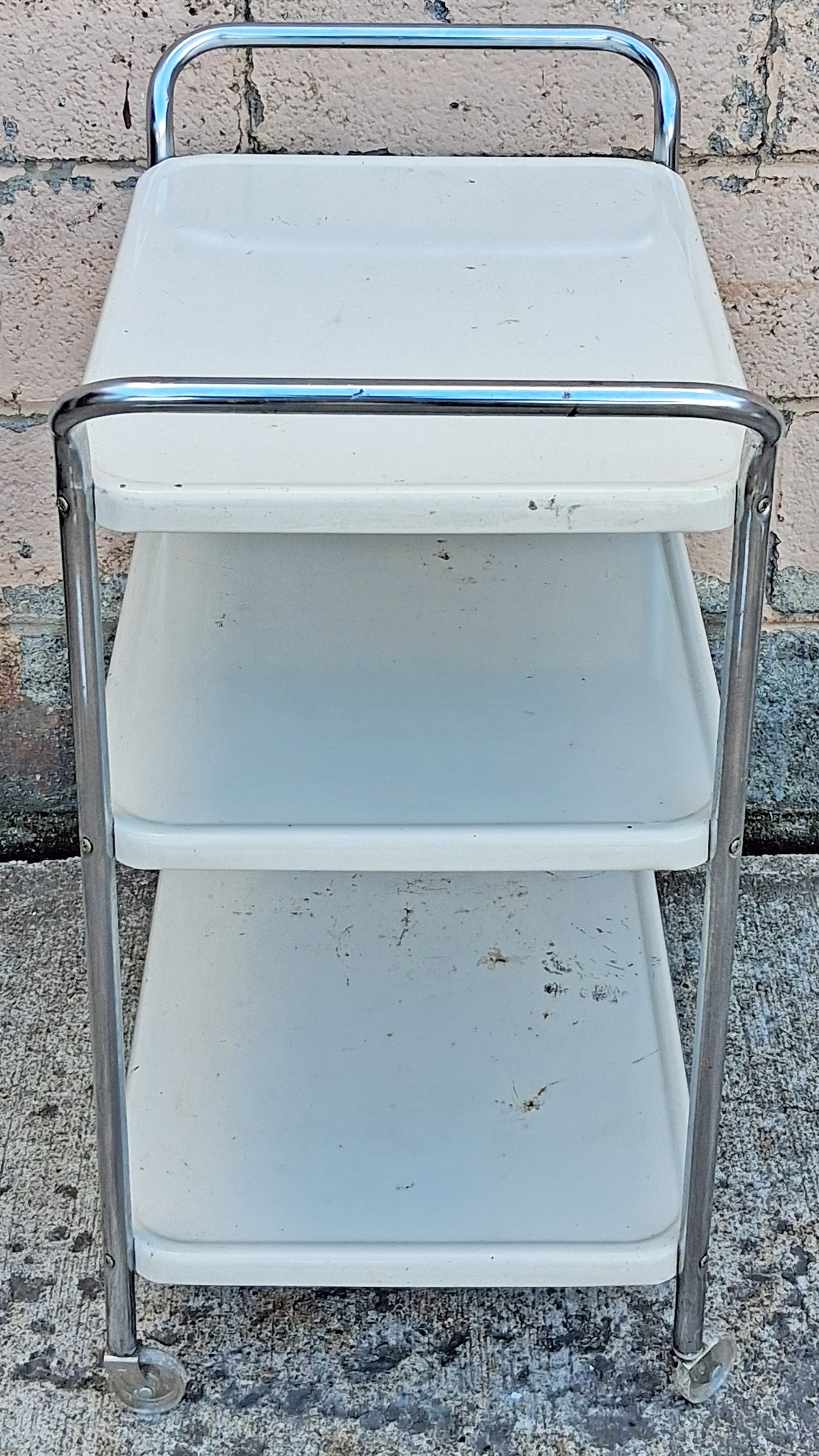 Vintage Antique Old Mid Century Modern Cosco 3 Tier Metal Rolling Utility Cart Chrome & White Bar Cart Kitchen Island Trolley Plant Stand